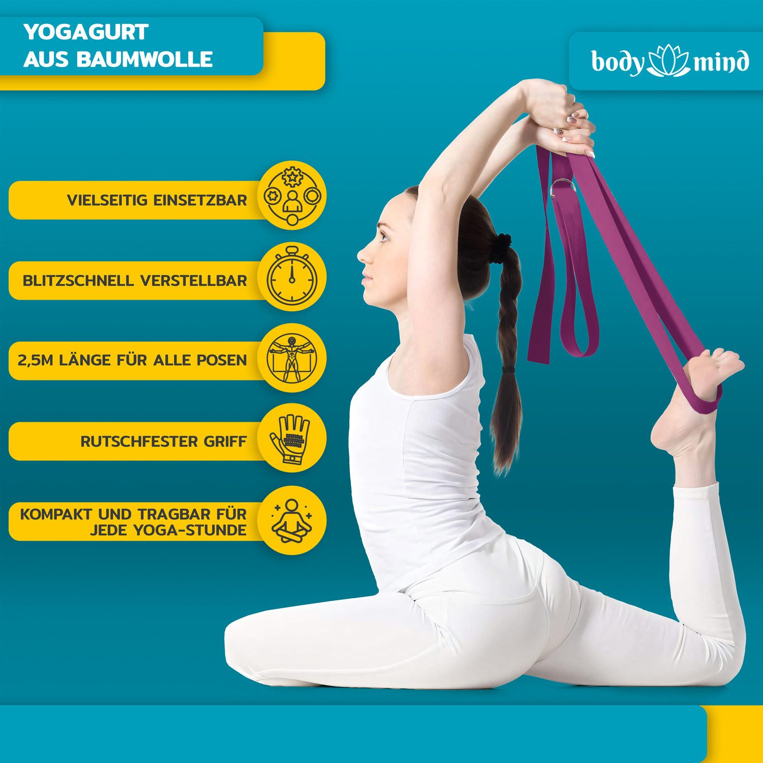 Body & Mind Yogagurt Body & Mind Yogagurt – Baumwolle Yoga Band mit D-Ring für Dehnung, Yoga-Band mit D-Ring-Verschluss