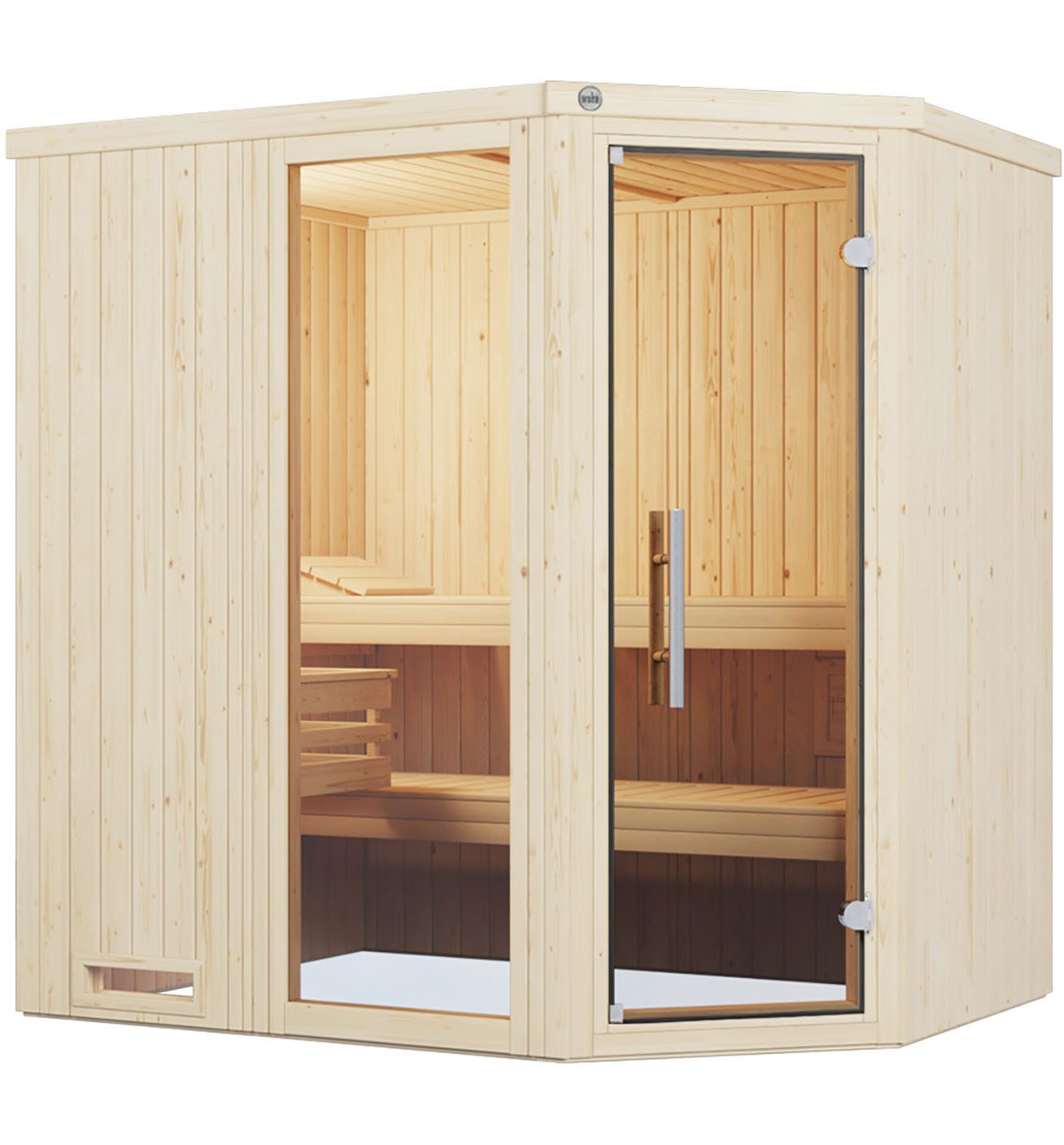 weka Sauna Element-Ecksauna VARBERG 1, BxTxH: 194 x 144 x 199 cm, 68 mm, vorgefertigte Elemente, Fensterelement, moderne Ganzglastür