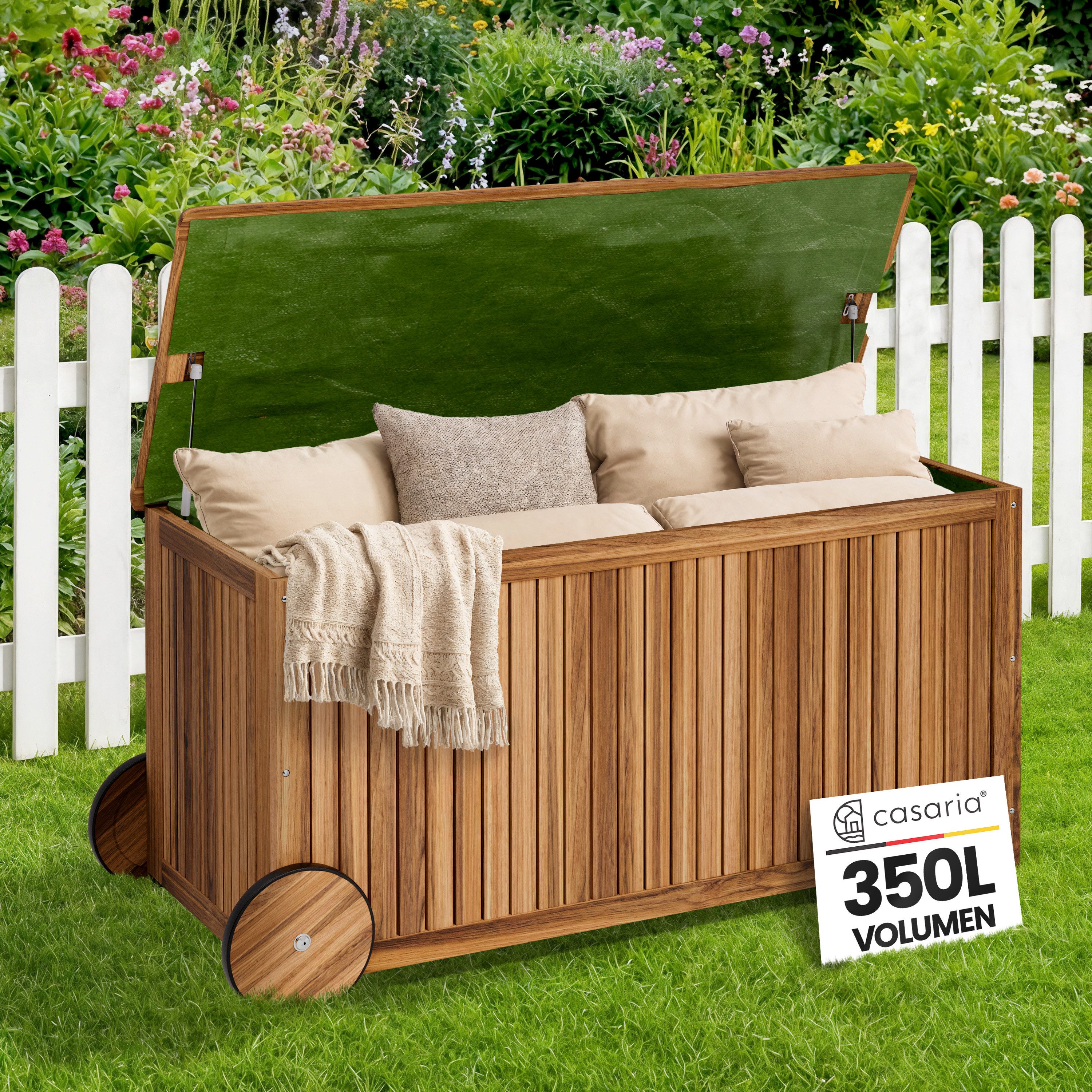 Casaria Auflagenbox, Holz 350L Deckel 160kg belastbar Räder Griff Innenplane Garten Akazie