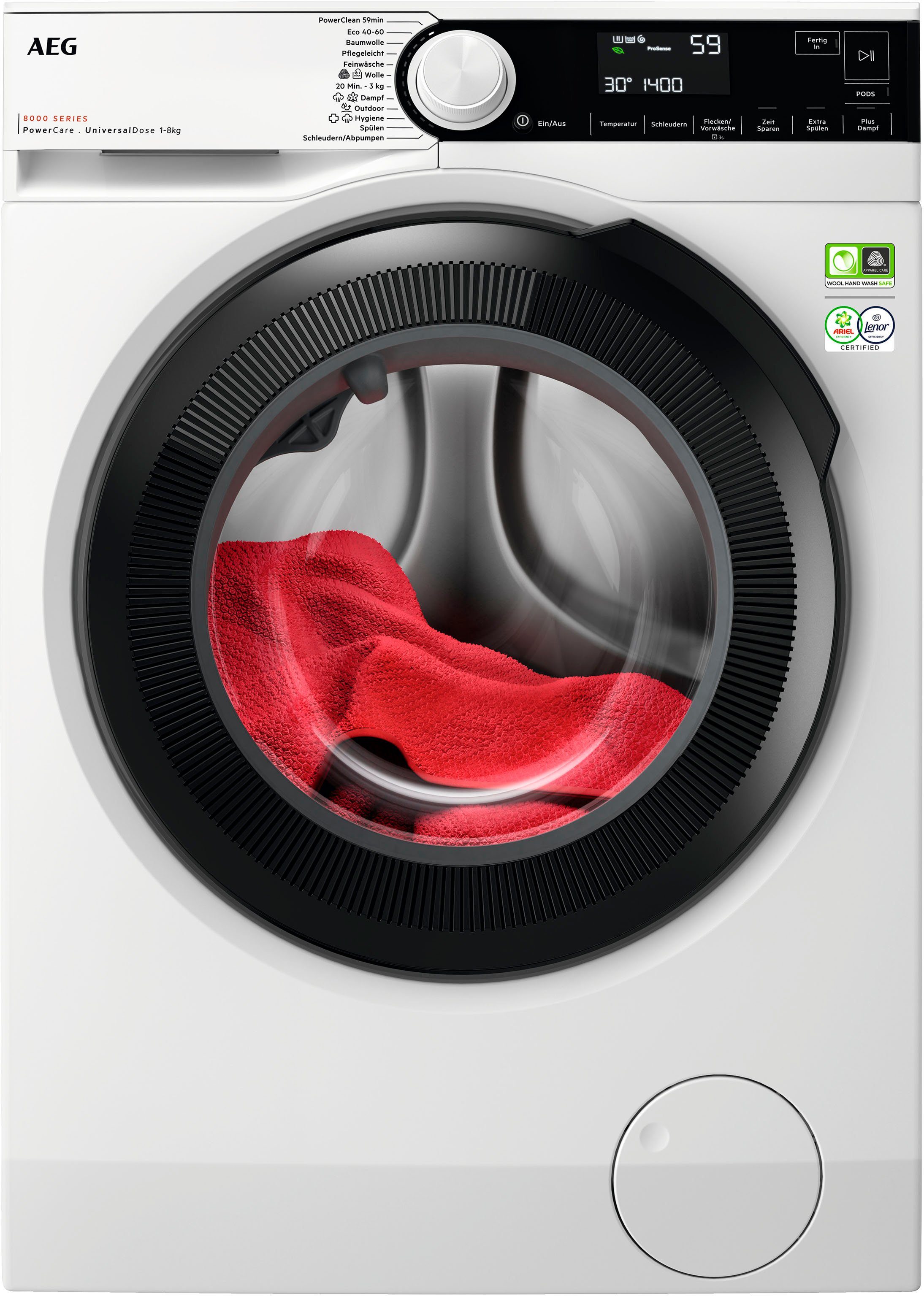 AEG Waschmaschine LR8E70480, 8 kg, - in Fleckenentfernung Min. PowerClean 59 °C 30 nur U/min, 1400 bei