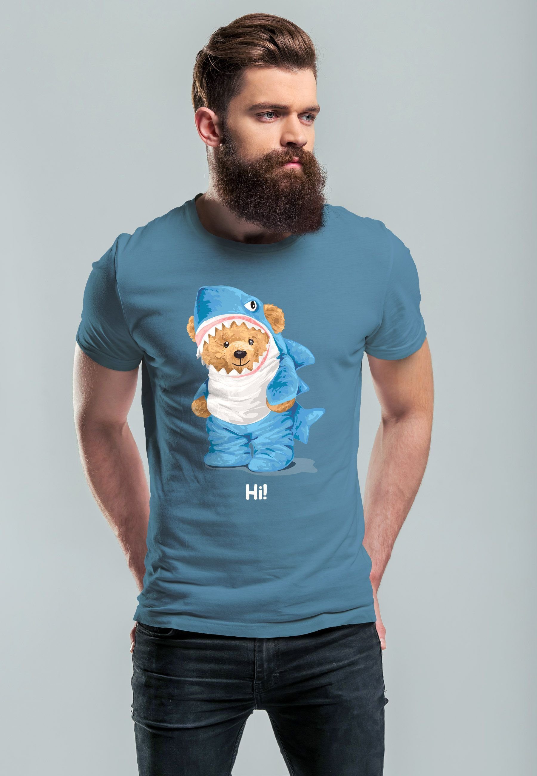 T-Shirt Print Hai mit Bär Printshirt Neverless blue Herren Hi Witz Print-Shirt Teddy Parodie Fashi stone Aufdruck