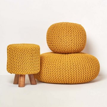 Homescapes Pouf Großer Strickpouf 100% Baumwolle, Senf