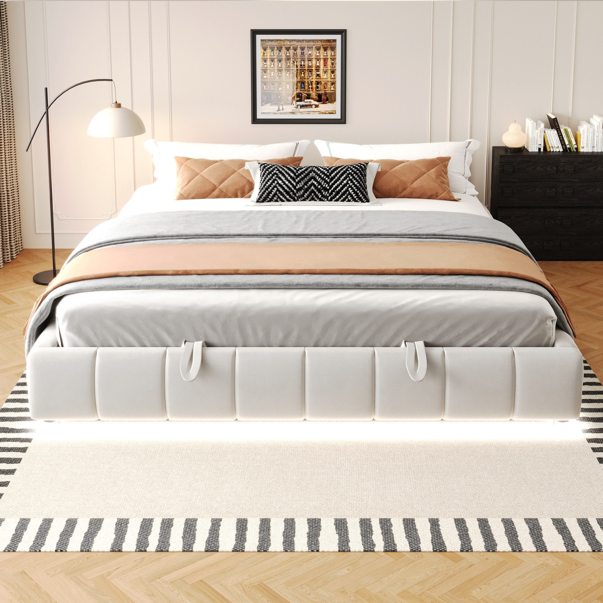 BlingBin Polsterbett Doppelbett Funktionsbett, ohne Kopfteil (1er Set, 1-tlg., 180 x 200 cm, Einzelbett, Jugendbett), mit LED-Lichtleiste, Hydraulischer Schwebebettrahmen mit Stauraum