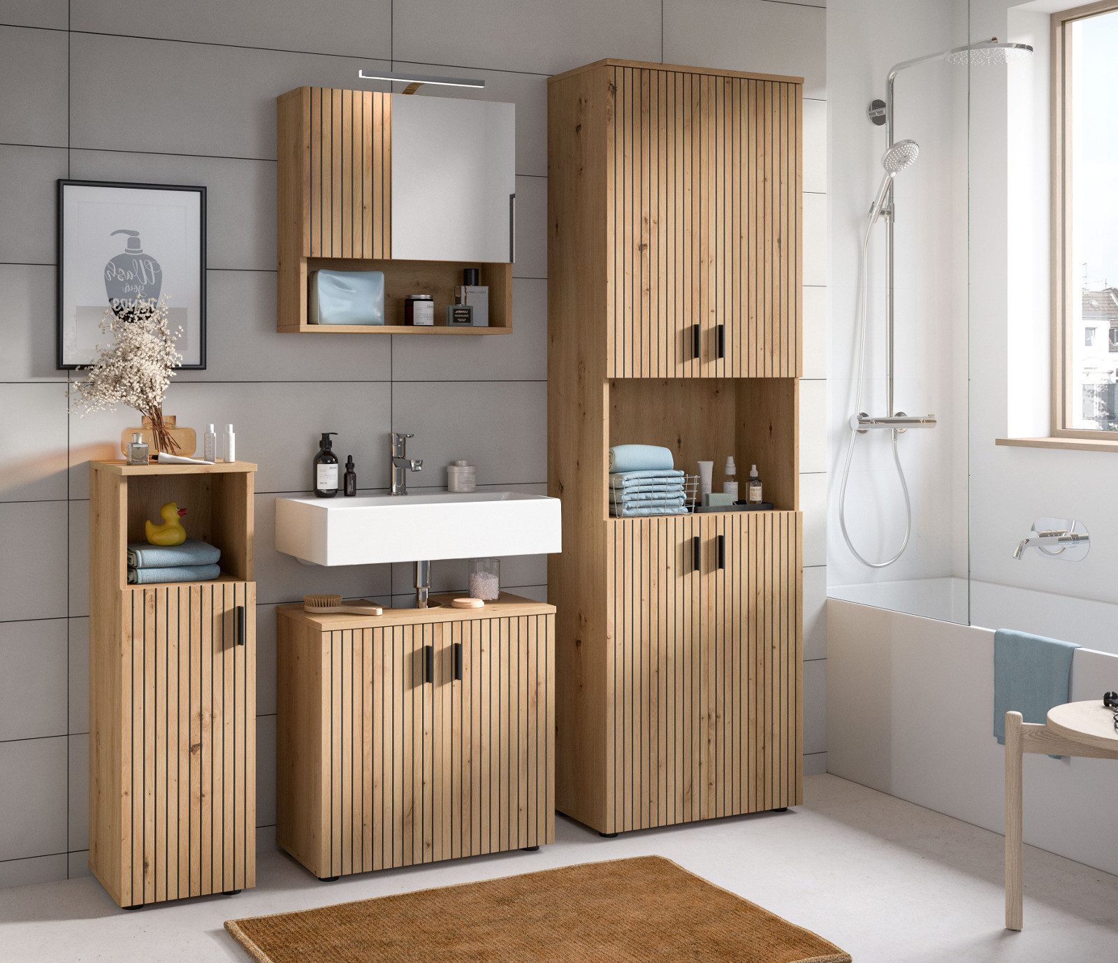 Inn.Furn Badmöbel-Set Livia, (Badezimmer in Eiche Artisan mit Rillen, 4-teilig, 180 x 192 cm), mit 19 Fächern
