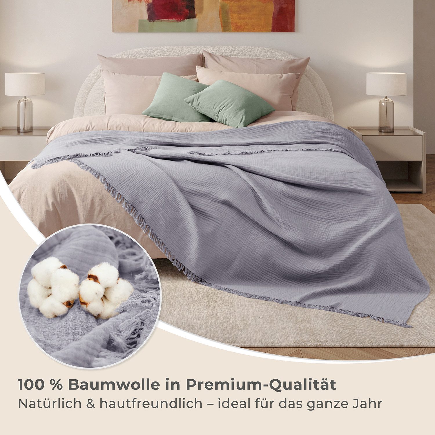 Laynenburg Tagesdecke Musselin mit Fransen aus 100% Baumwolle – Baumwolldecke, Wohndecke als Sommerdecke, Bett-Überwurf, Sofa-Decke, Kuscheldecke – Bild 5 von 5