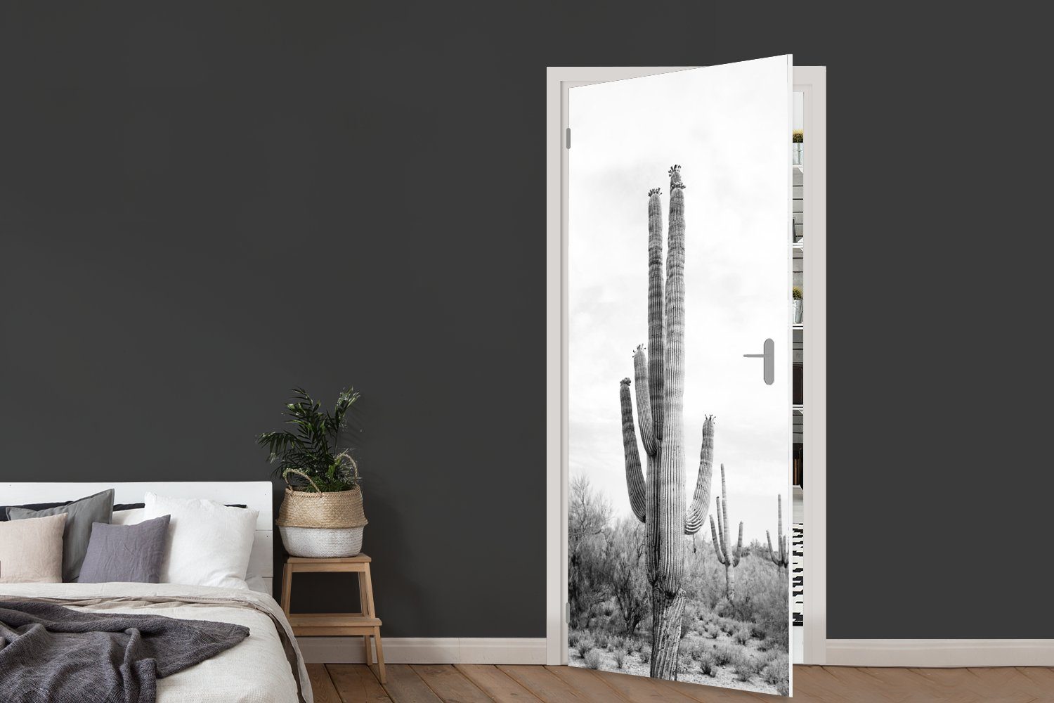 MuchoWow Türtapete Kaktus - Schwarz Natur Tür, Fototapete - (1 und Matt, - cm St), für 75x205 weiß bedruckt, Pflanzen, Türaufkleber