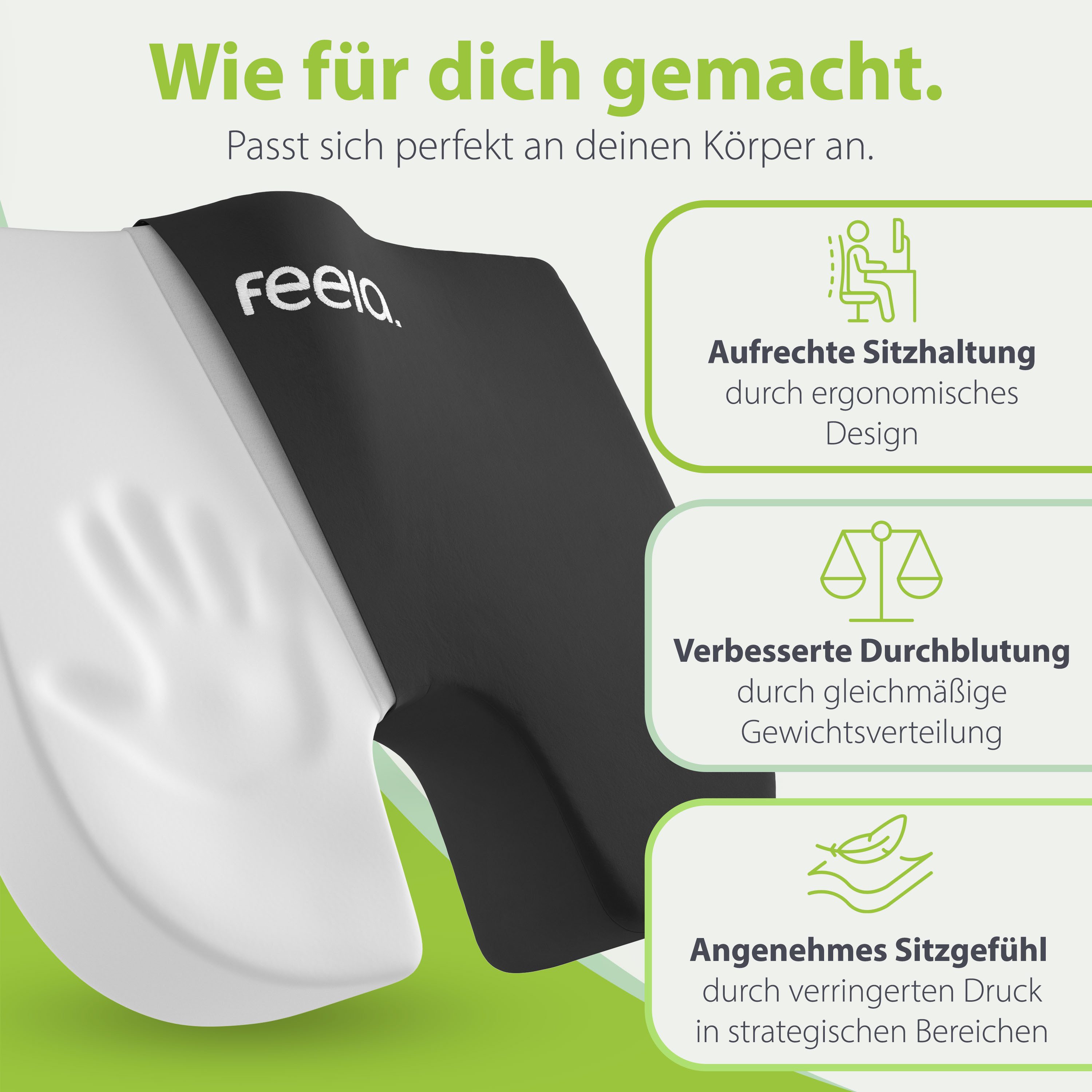 feela Sitzkissen Orthopädisches Keilkissen – fördert aufrechtes & gesundes Sitzen, Ideal fürs Büro & Homeoffice – entlastet Rücken & verbessert Haltung