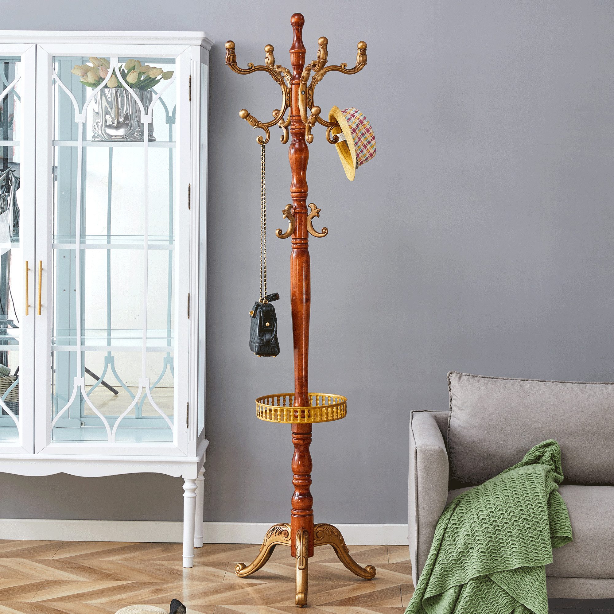 JUFU Garderobenständer aus massivem Buchenholz im klassischen Stil, 195 cm hoch, (1 St), mit Metallablage, abgerundeten Haken & stabilem Dreibein