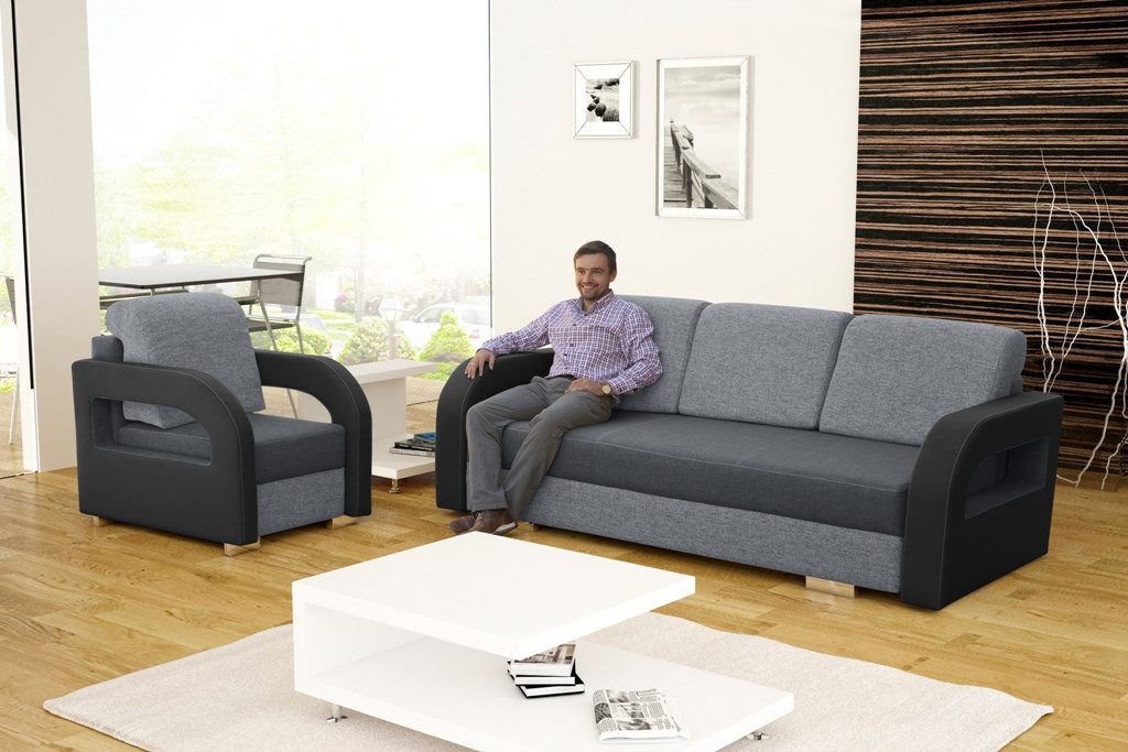 JVmoebel Schlafsofa Schlafcouch in Grau mit Bettfunktion und Edelstahlfüßen, 1 Teile, Made in Europa