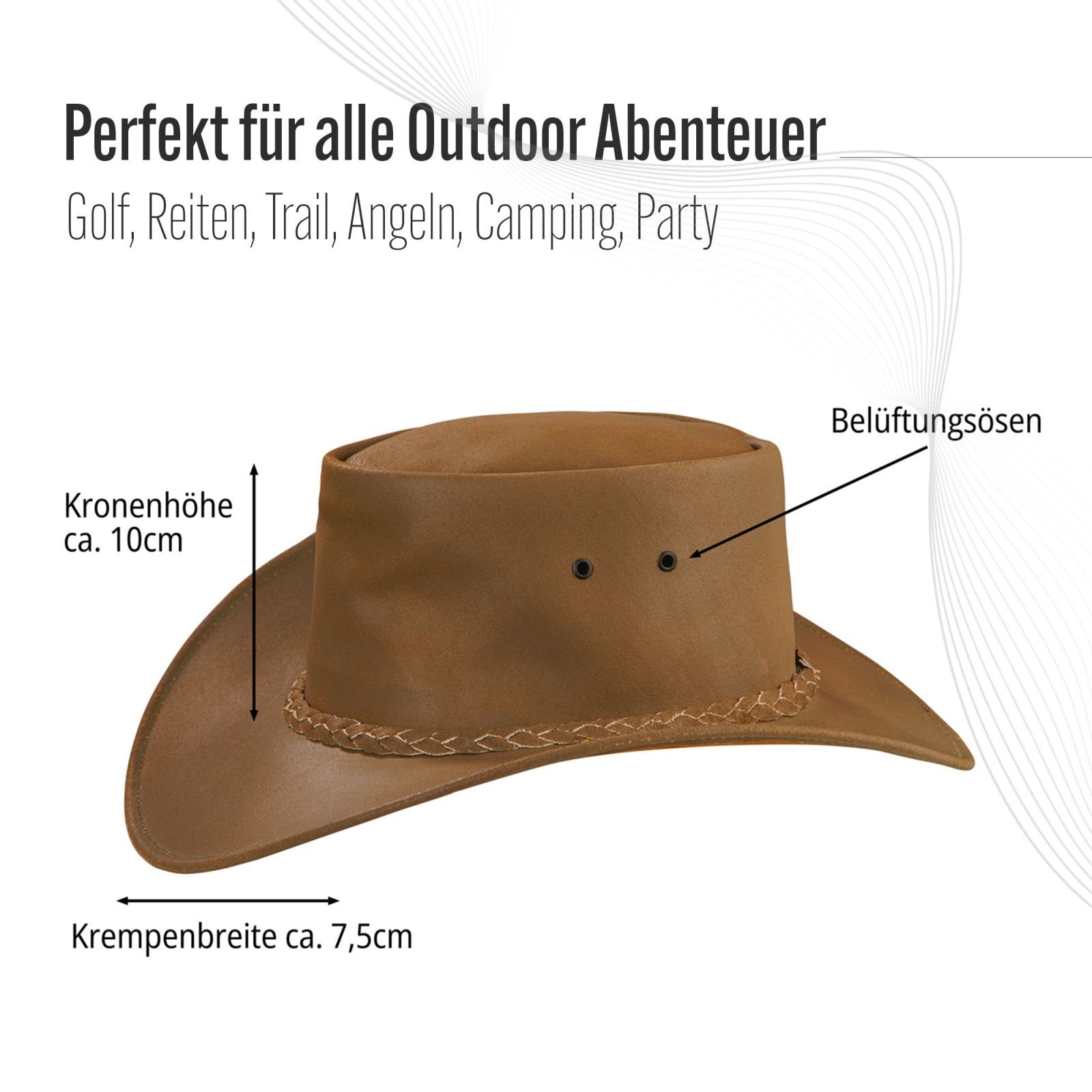 BLACK FOREST FOX Cowboyhut MELBOURNE Unisex Cowboy Western Wickel Rindsleder Hut Beige Brown Größe M