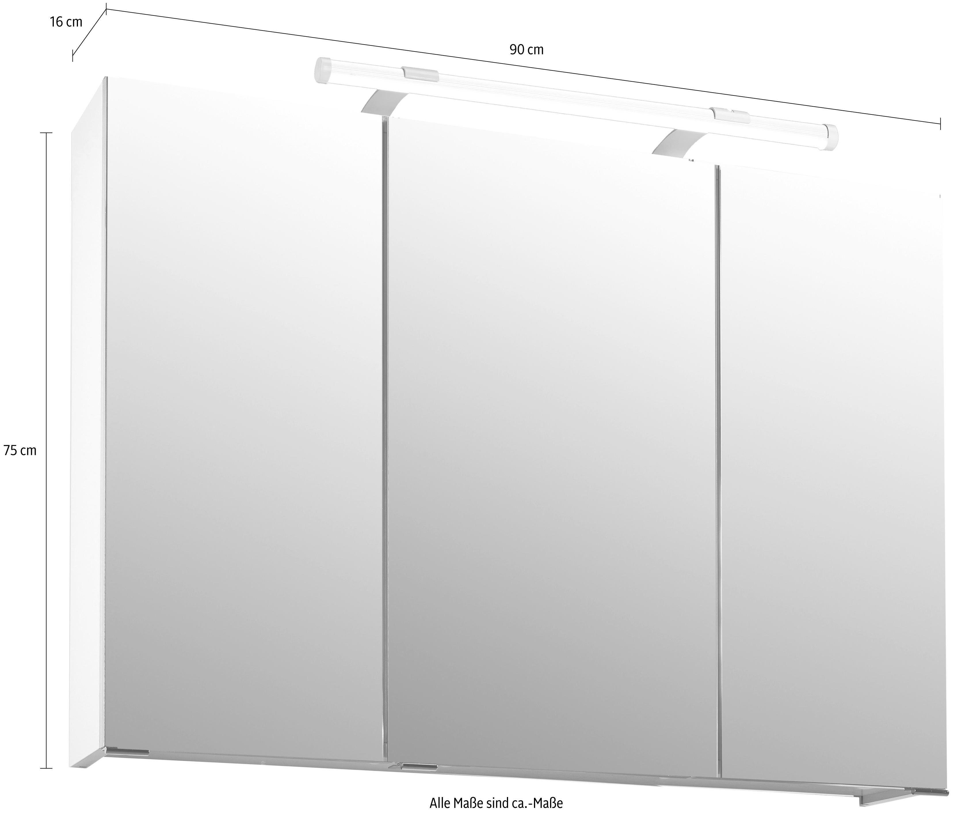 Schildmeyer Spiegelschrank Dorina Breite cm, Schalter-/Steckdosenbox grau grau | LED-Beleuchtung, eschefarben 3-türig, eschefarben 90
