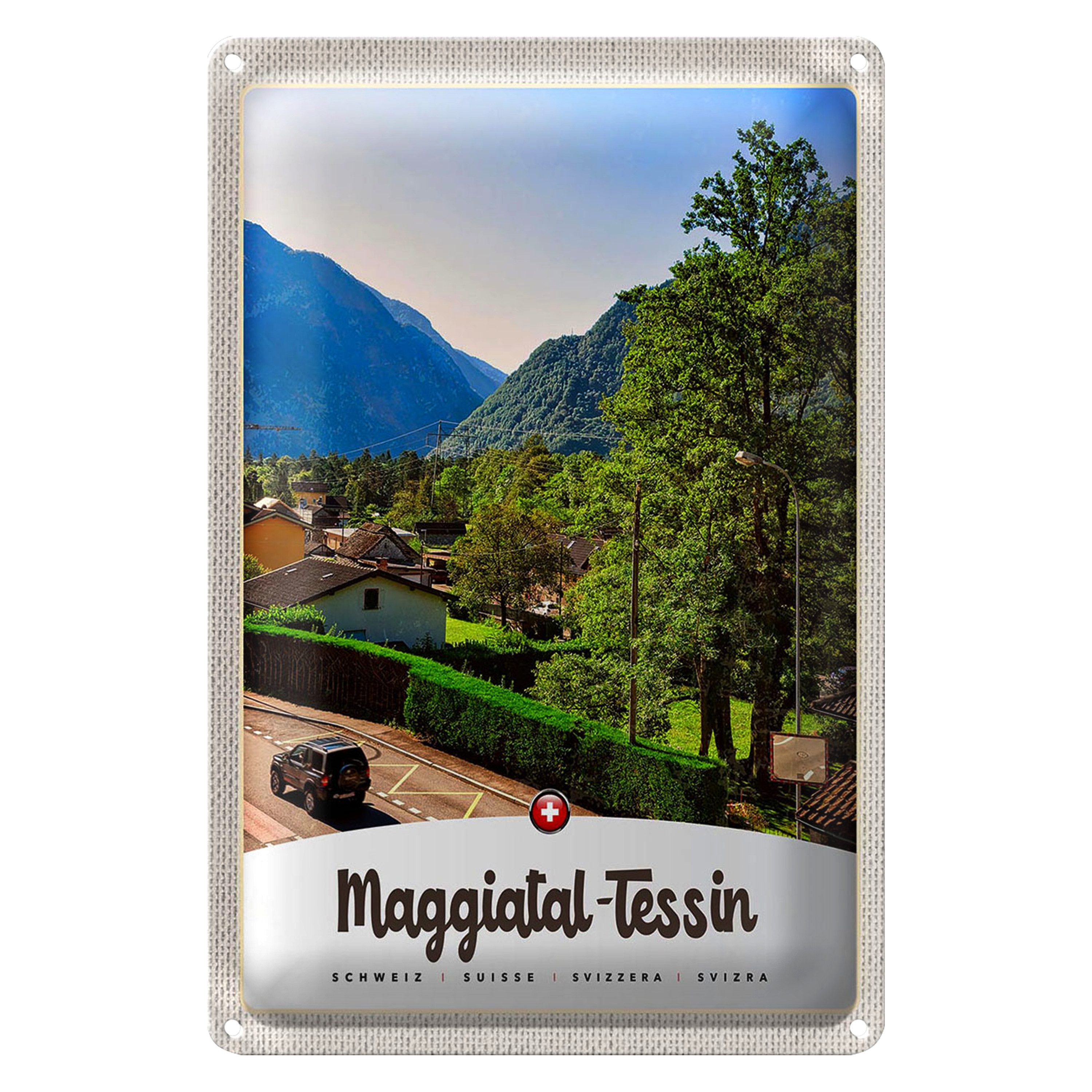 Roomando Metallschild Reise 30x40cm Maggiatal-Tessin Schweiz Stadt Gebirge