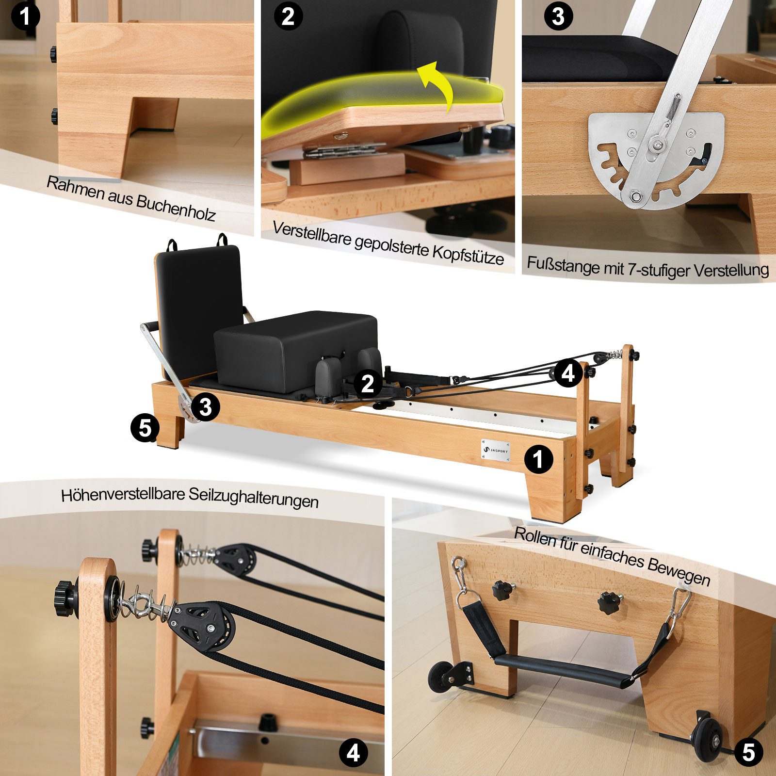 JASPORT Pilates-Reformer Hochwertige Holz-Reformer Serie für Pilates-Studios, (Komplettset mit 6 Federn, Sitzbox, Jumpboard und Fußschlaufen), Für Heimtraining und professionelle Studios geeignet
