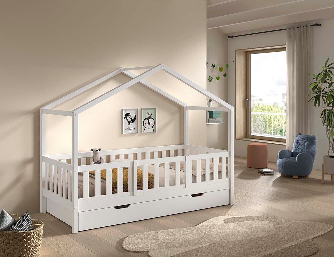 Vipack Hausbett Dallas, Massivholzbett mit Dachaufbau umbaubar vom Boden- zum Daybett (inkl. Rolllattenrost und Sprossenumrandung, 90x200 cm breit), mit Bettschublade, wahlweise Kiefer massiv natur oder weiß