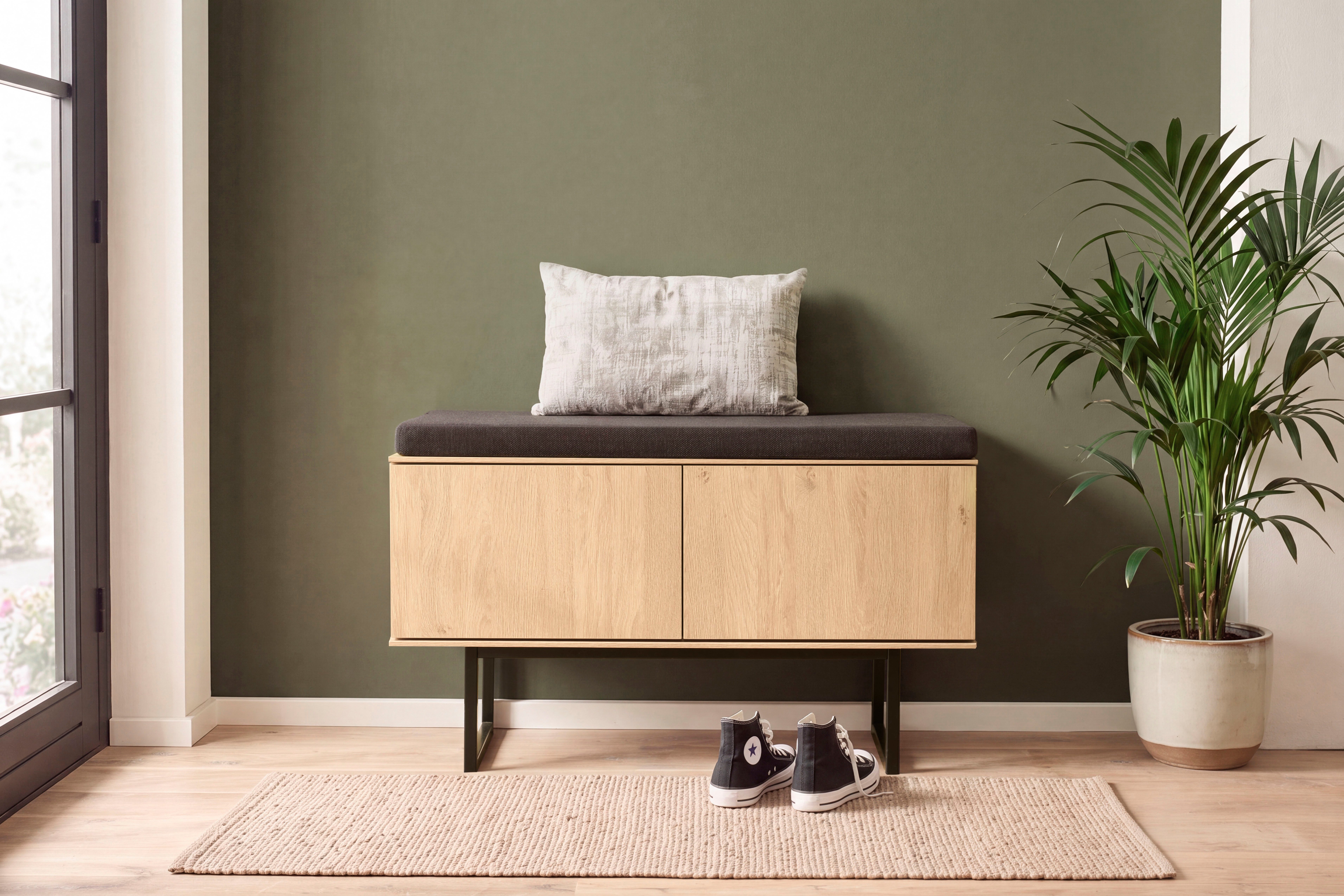 Home affaire Schuhbank Lund, Garderobenbank mit Klappen, moderne Sitzbank, Polsterbank, viel Stauraum, Platz für ca. 6 Paar Schuhe, 90 cm breit