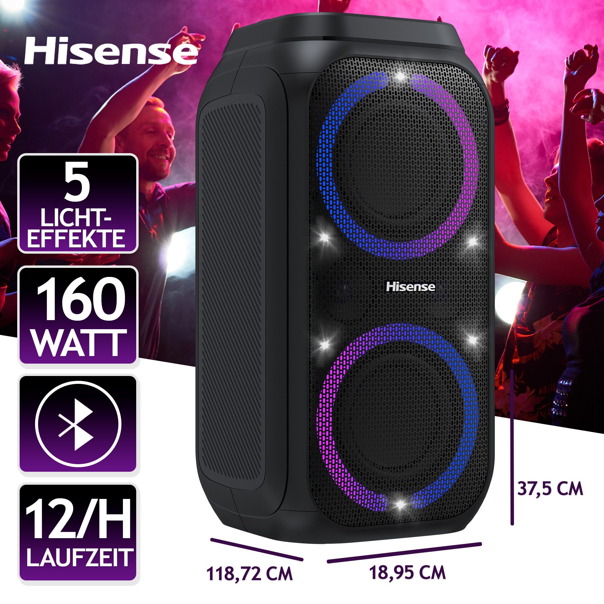 Hisense Party Rocket 160 - Tragbarer Lautsprecher mit 160 W, 12 Std. Akkulaufzeit, TWS, Karaoke, IPX4, Bluetooth 5.0