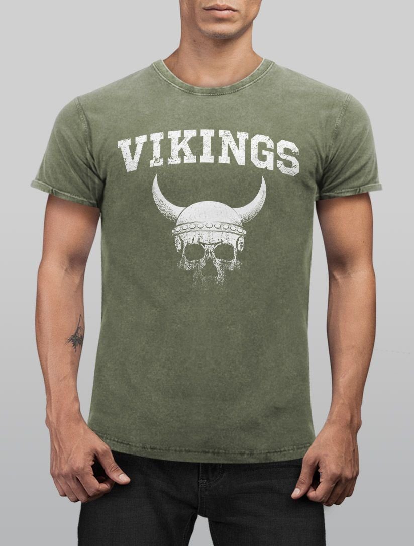 Neverless Print-Shirt Herren Vintage Shirt Wikinger-Helm Skull Totenkopf Printshirt T-Shirt mit Print