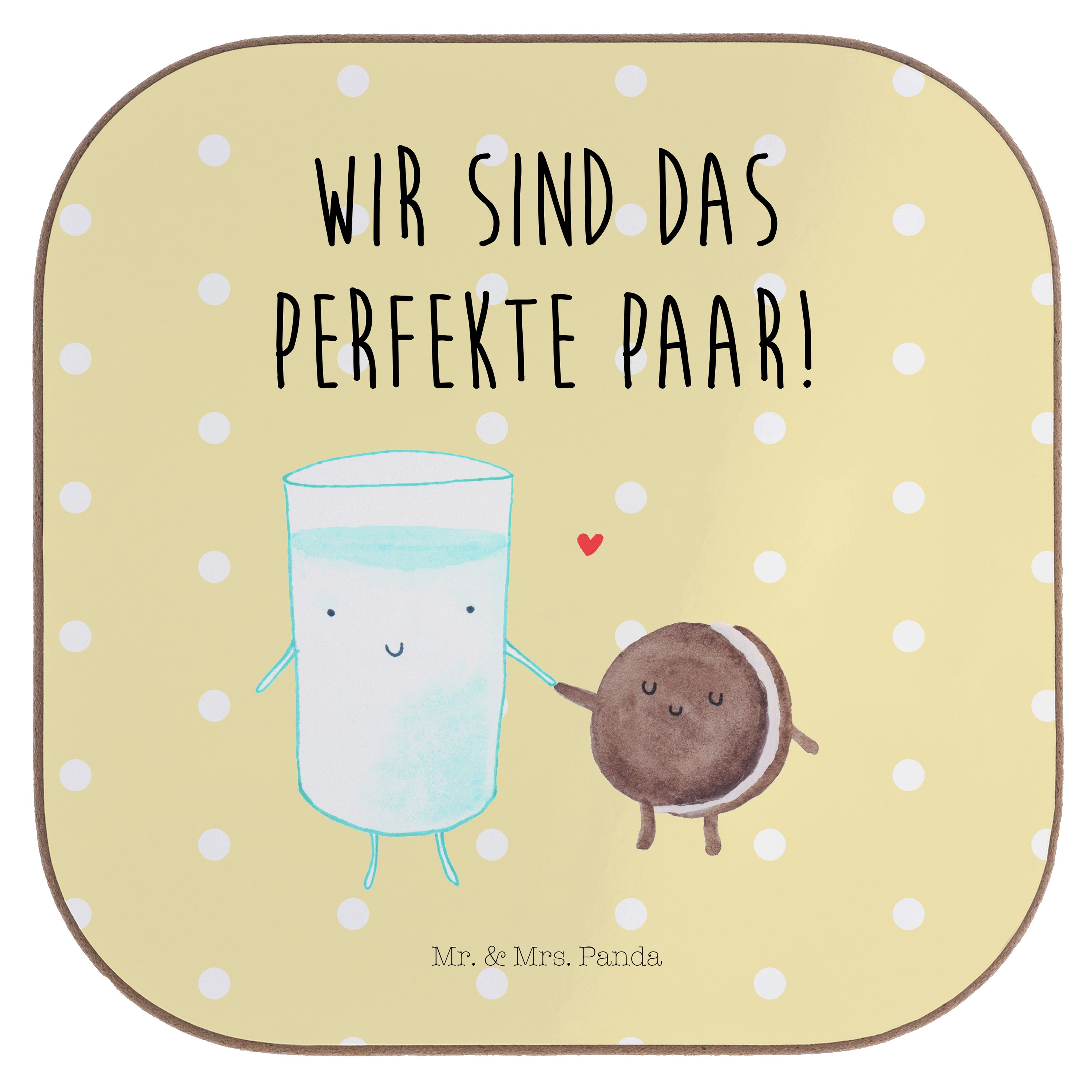 Mr. & Mrs. Panda Getränkeuntersetzer Milch & Keks - Gelb Pastell - Geschenk, Gute Laune, Untersetzer Gläse, 1-tlg.