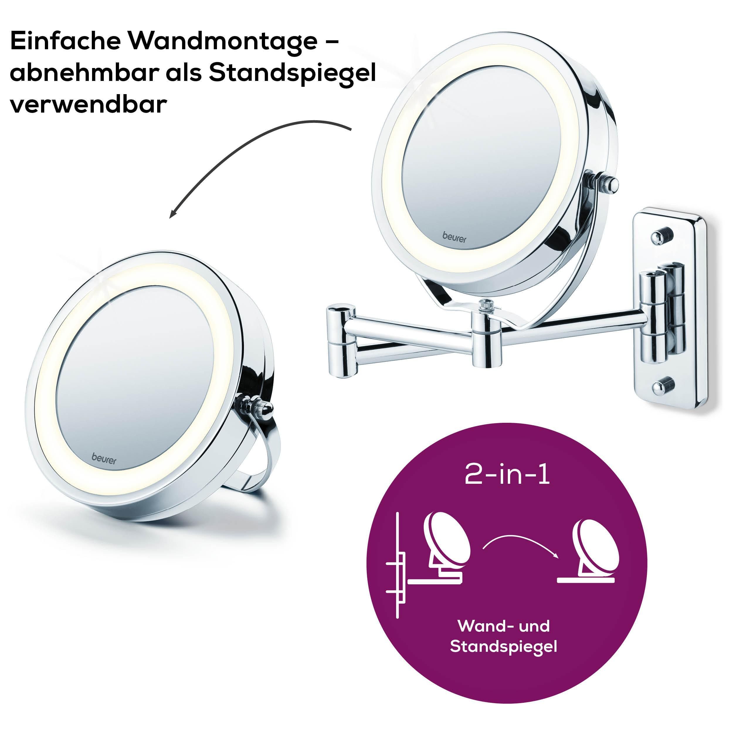 BEURER Kosmetikspiegel BS 59 Kosmetikspiegel, inkl. Schrauben zur Wandmontage, Beleuchtung durch 12 LEDs, mit 5-fach Vergrößerung