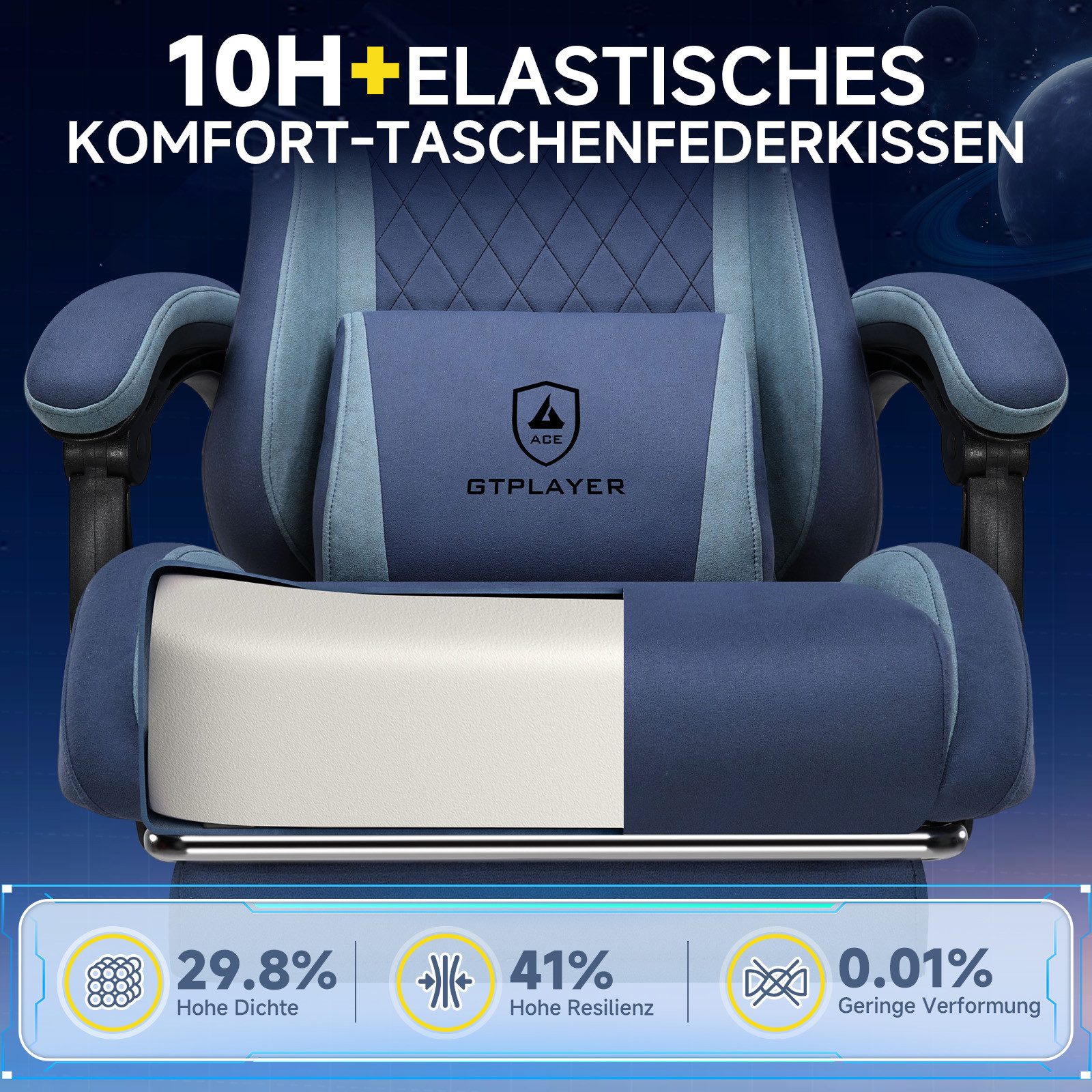 GTPLAYER Gaming-Stuhl Stoff Gaming Chair Ergonomisch Bürostuh PC Stuhl, 150kg Belastbarkeit, Schreibtischstuh mit Federsitzkissen und Fußstütze – Bild 5 von 5
