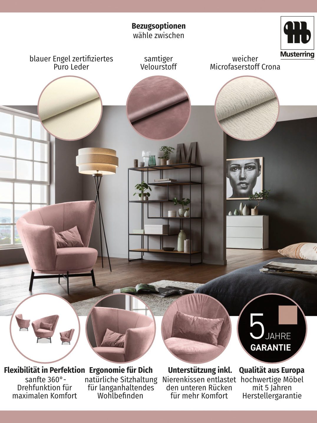 Musterring Drehsessel Kleo, mit Drehfunktion um 360°, inkl. Nierenkissen, in zertifiziertem Leder