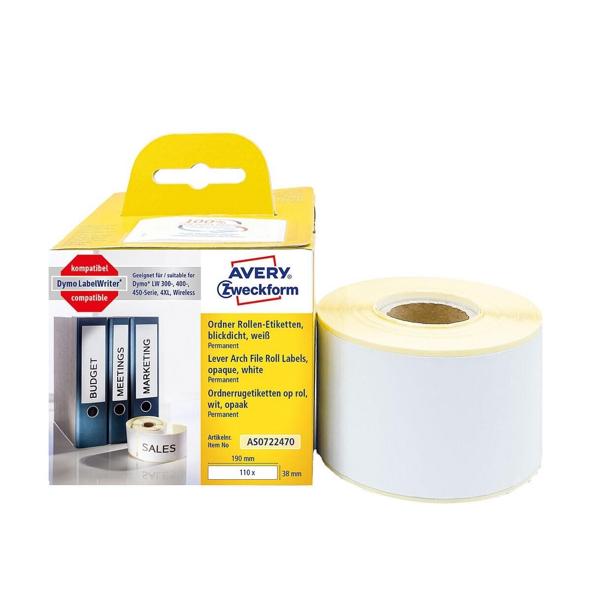 Avery Zweckform Thermorolle AS0722470, entspricht DYMO® S0722470, 110 Ordner-Etiketten 38/190 mm, blickdicht