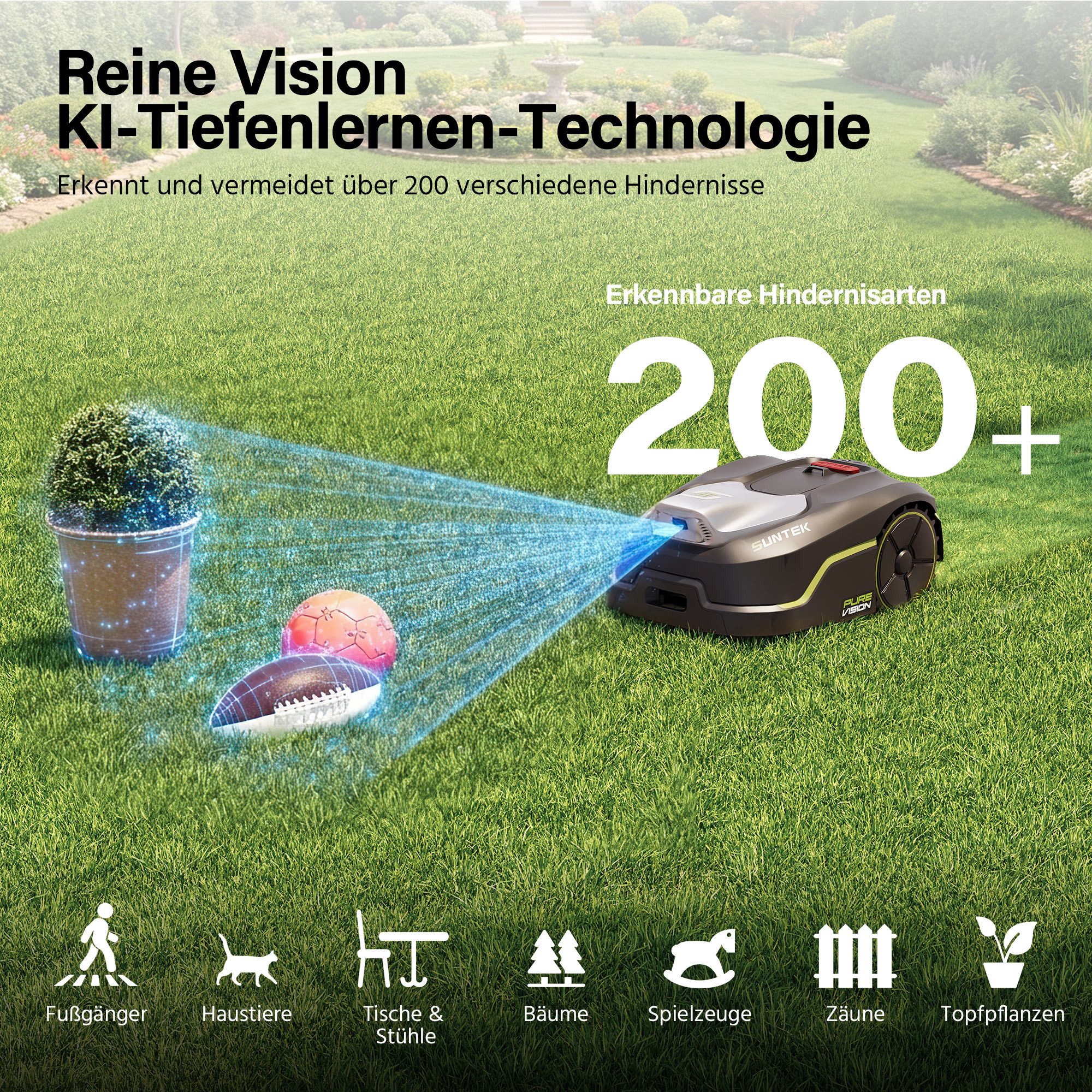 SUNTEK Rasenmähroboter Pure Vision Mähroboter ohne Begrenzungskabel, bis 250 m² Rasenfläche, (1-St), App, 35% Steigung
