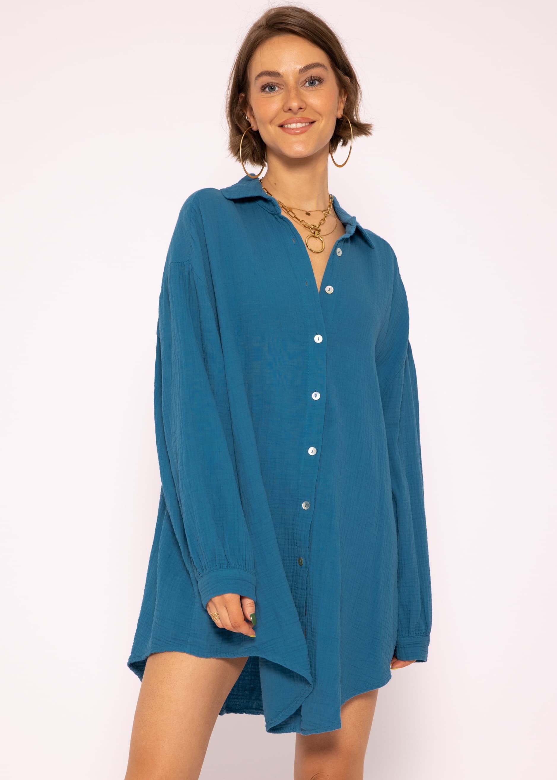 SASSYCLASSY Longbluse Oversize Musselin Bluse Damen Langarm Hemdbluse lang aus Baumwolle mit V-Ausschnitt, One Size (Gr. 36-48) Petrolblau | Blusen