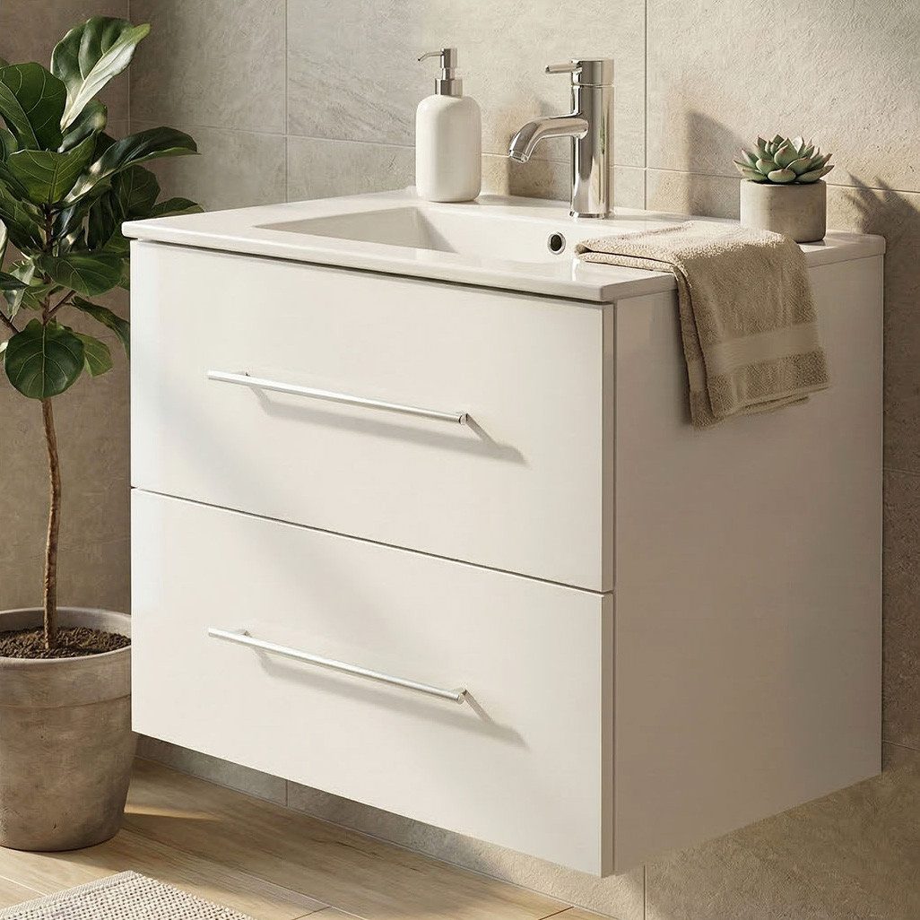 Lomadox Waschtisch HARLINGEN-02, 60cm breit, Keramikwaschbecken, weiß Hochglanz