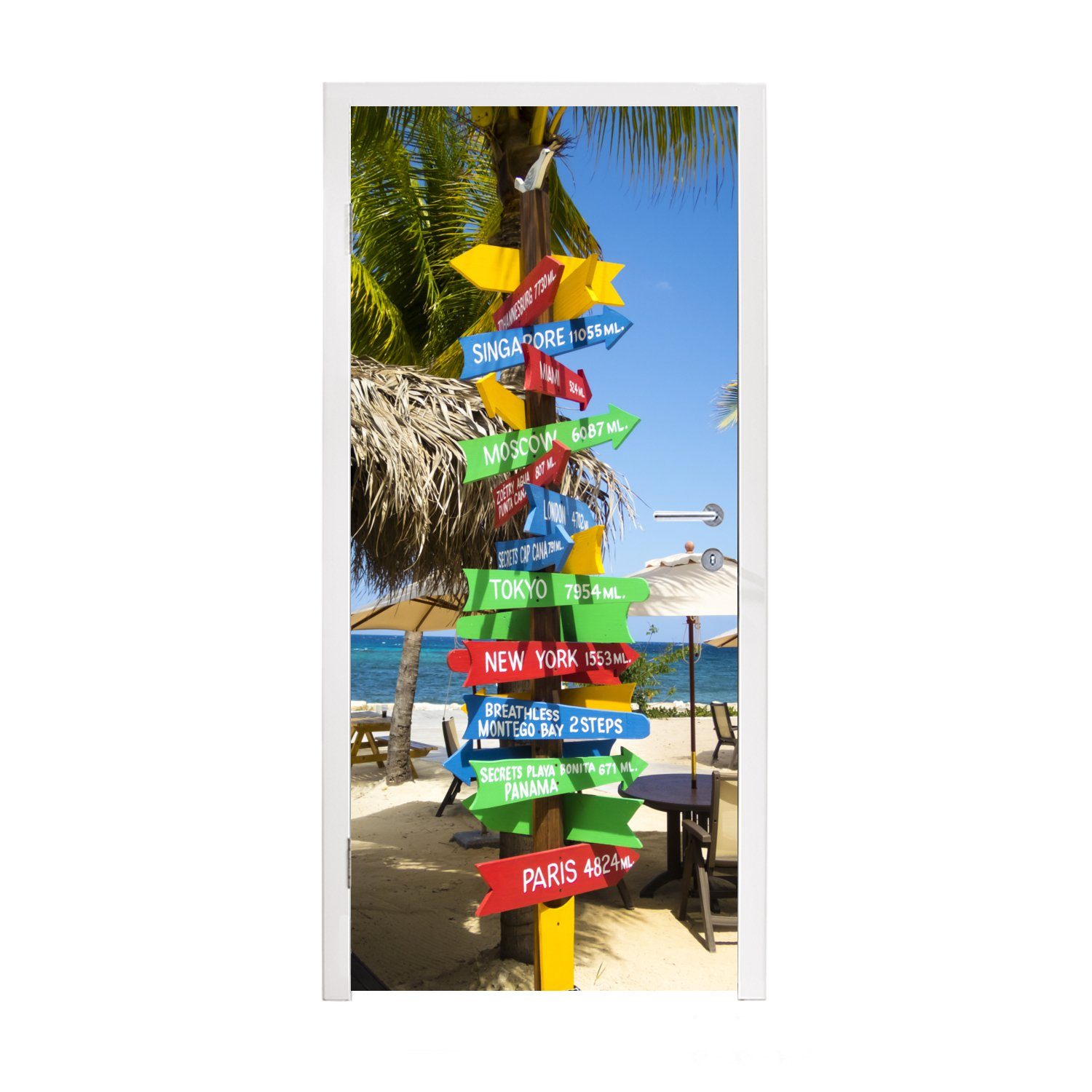 MuchoWow Türtapete Farbiger Wegweiser mit Weltstädten am Strand in Jamaika, Matt, bedruckt, (1 St), Fototapete für Tür, Türaufkleber, 75x205 cm