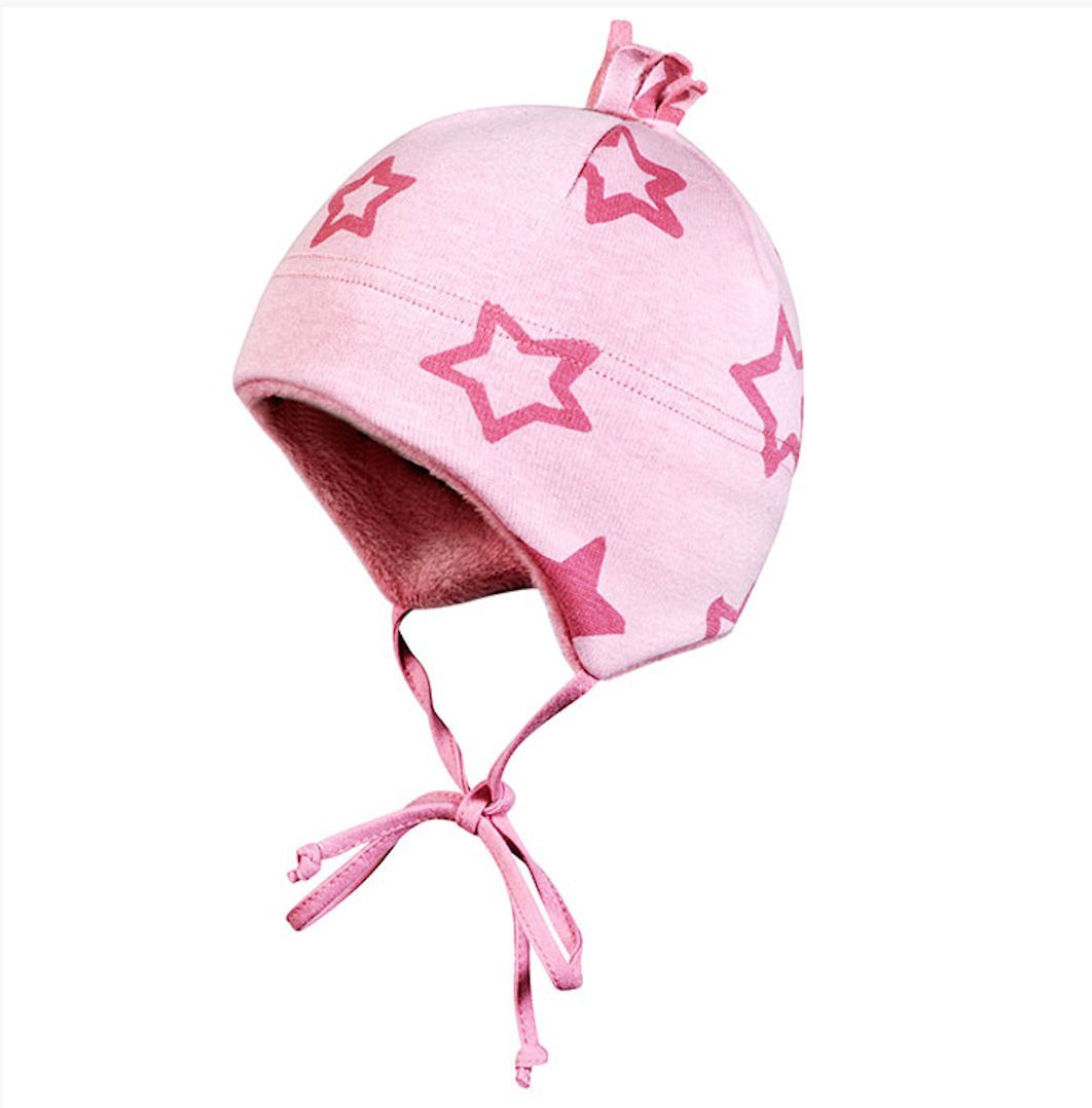 Ohrenmütze Fiebig Bindemütze Sterne, Mütze innen m Teddyfell rose