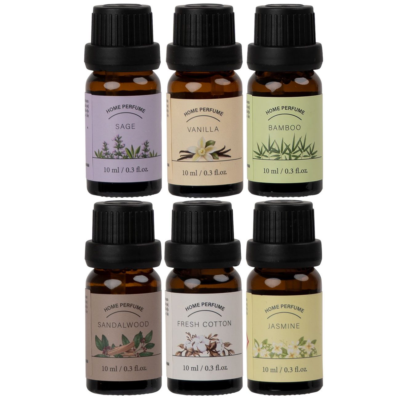 H&S Collection Duftöl Aroma Raumparfüm-Set 6er-Set, Jasmin Sandelholz Vanille je 10 ml (6-St., 6er-Set), 6 einzelne Glasflakons mit Tropfverschluss für Diffusor Duftlampe