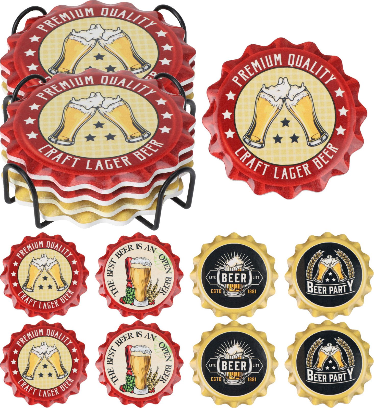 Koopman Getränkeuntersetzer Glasuntersetzer Untersetzer Tassenuntersetzer Ø11cm, 10-tlg., 14tlg, Bier-Motive, inkl. Ständer, Keramik, Korkuntersatz