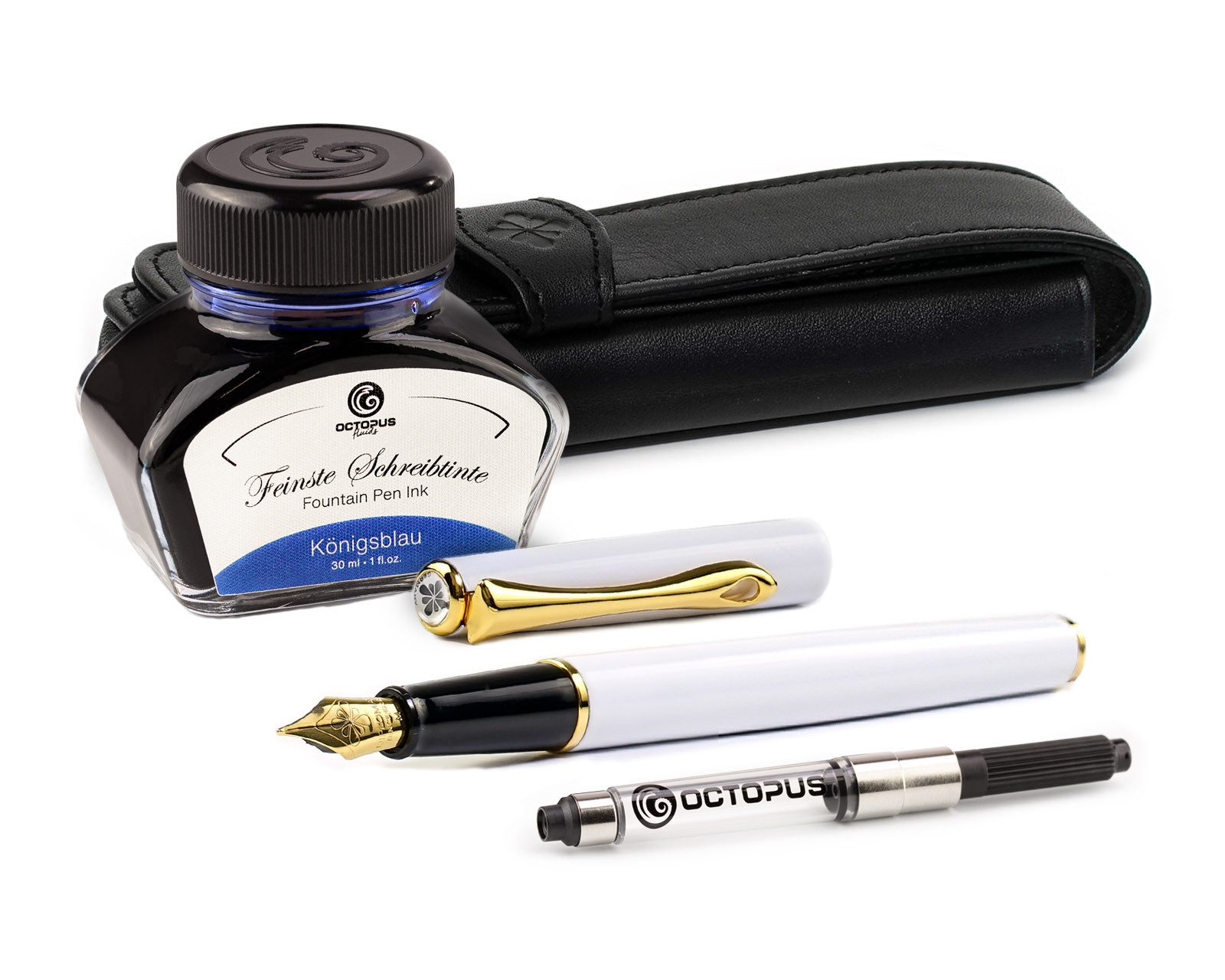 OCTOPUS Füllhalter Traveller Snowwhite Gold mit Lederetui und Tinte