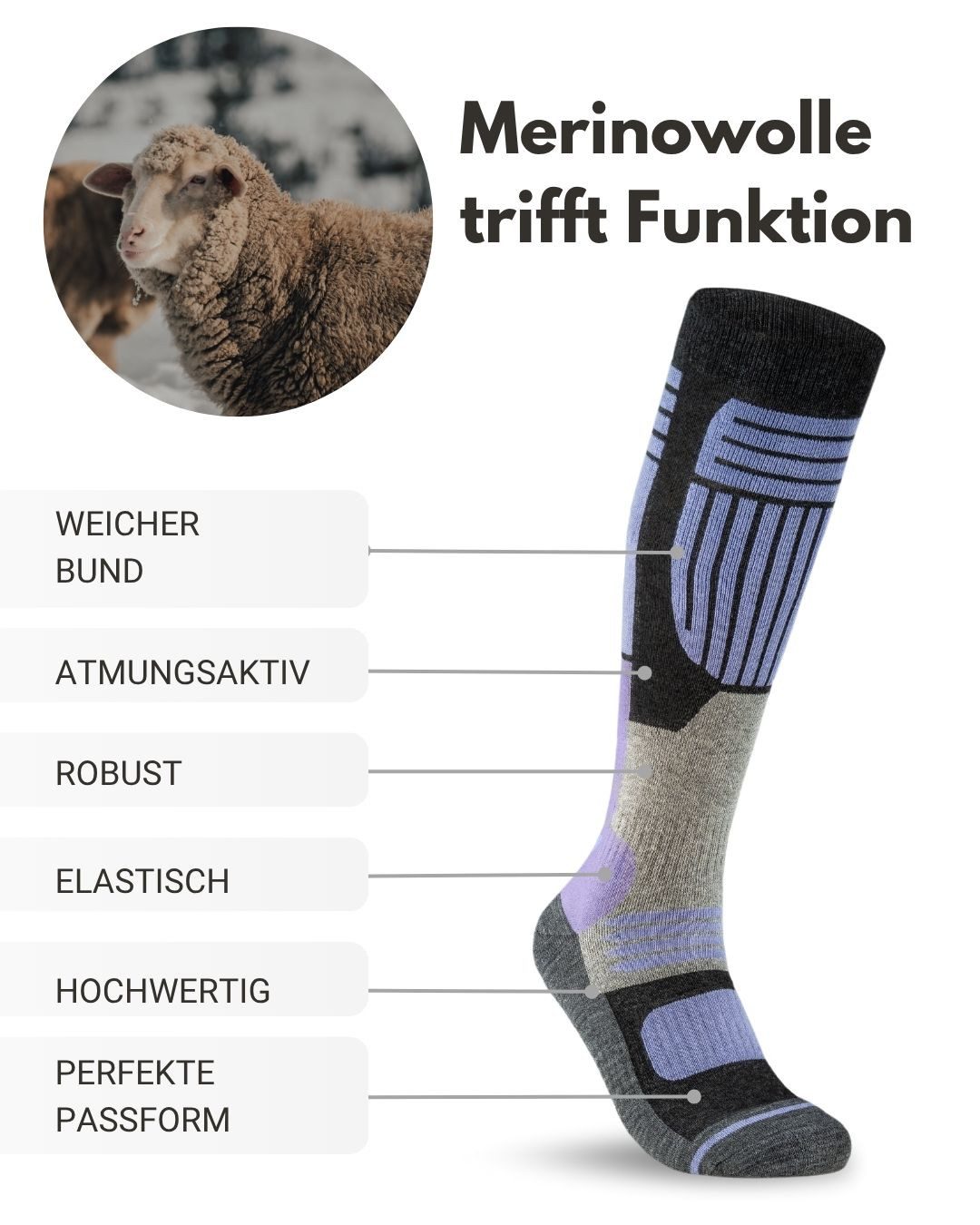 sockenkauf24 Skisocken Merino Damen 2 Paar Ski Kniestrümpfe Merinowolle (2-Paar) atmungsaktive Skisocken mit verstärkten Belastungszonen