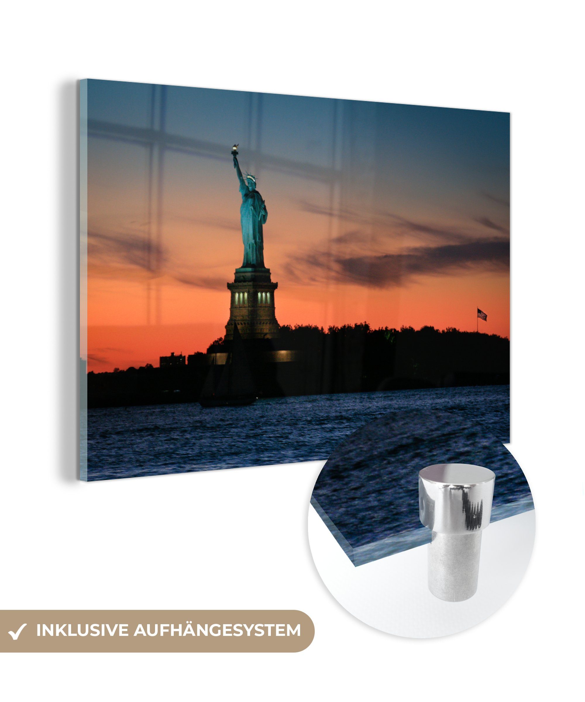MuchoWow Acrylglasbild Amerikanische Freiheitsstatue der Schlafzimmer Acrylglasbilder beleuchtet, St), in & Dämmerung Wohnzimmer (1