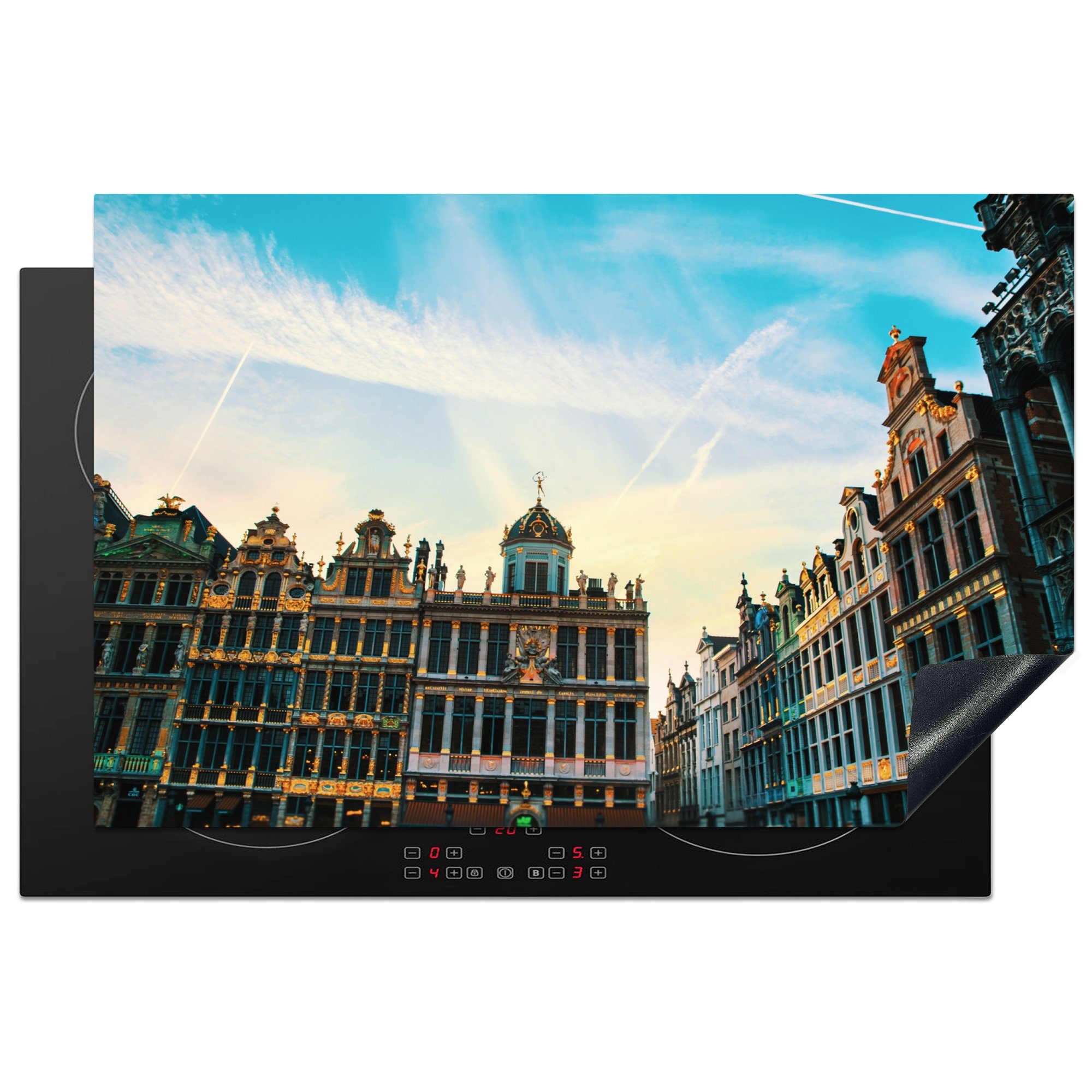 MuchoWow Herdblende-/Abdeckplatte Skyline - Architektur - Grand Place - Brüssel, Vinyl, (1 tlg), 81x52 cm, Induktionskochfeld Schutz für die küche, Ceranfeldabdeckung