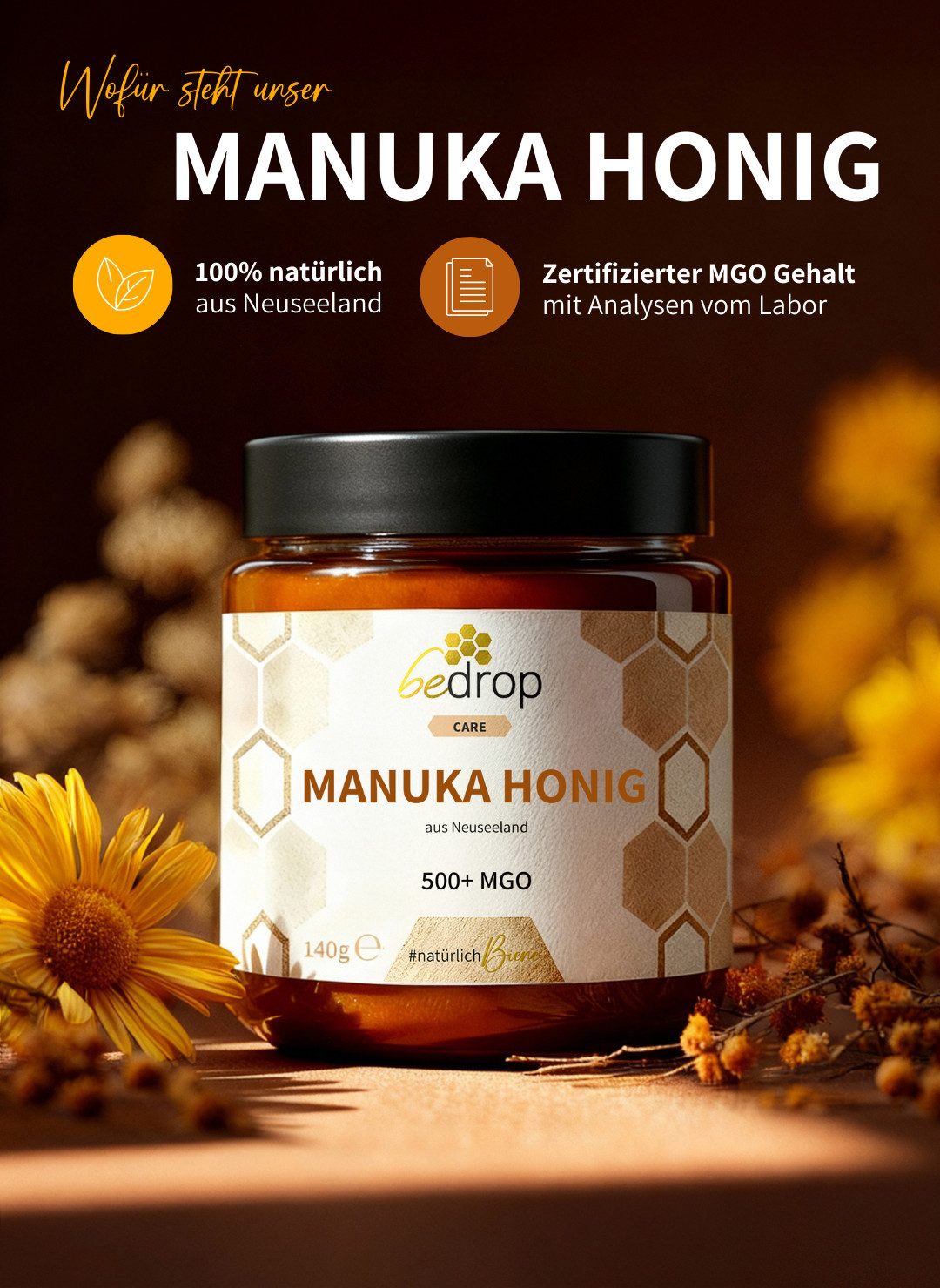 bedrop Honig Manuka Honig I XXL Glas mit MGO +500 aus Neuseeland, 1 x 140 g, (Packung, Original 100% natürlich - Echter Manuka Honig mit MGO Gehalt +500), MGO Gehalt über +500