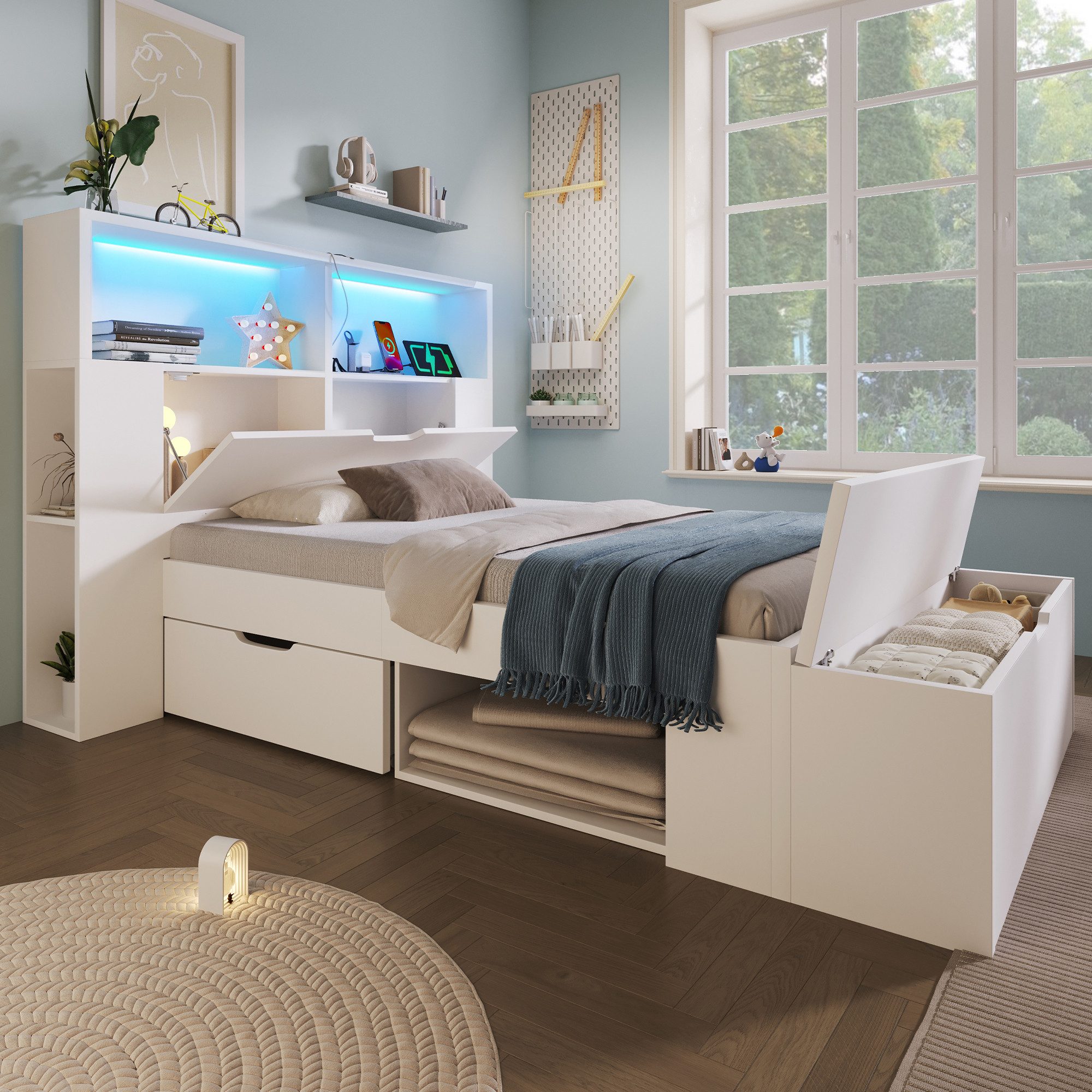 REDOM Kinderbett Funktionsbett mit LED, USB-Ladung & Stauraum, weiß (Holzbett, Funktionsbett, 1-tlg., Als praktisches Holzbett für Kinder- oder Jugendzimmer,90x200 cm), L-Kopfteil mit Regal & Schubladen(ohne Matratze)
