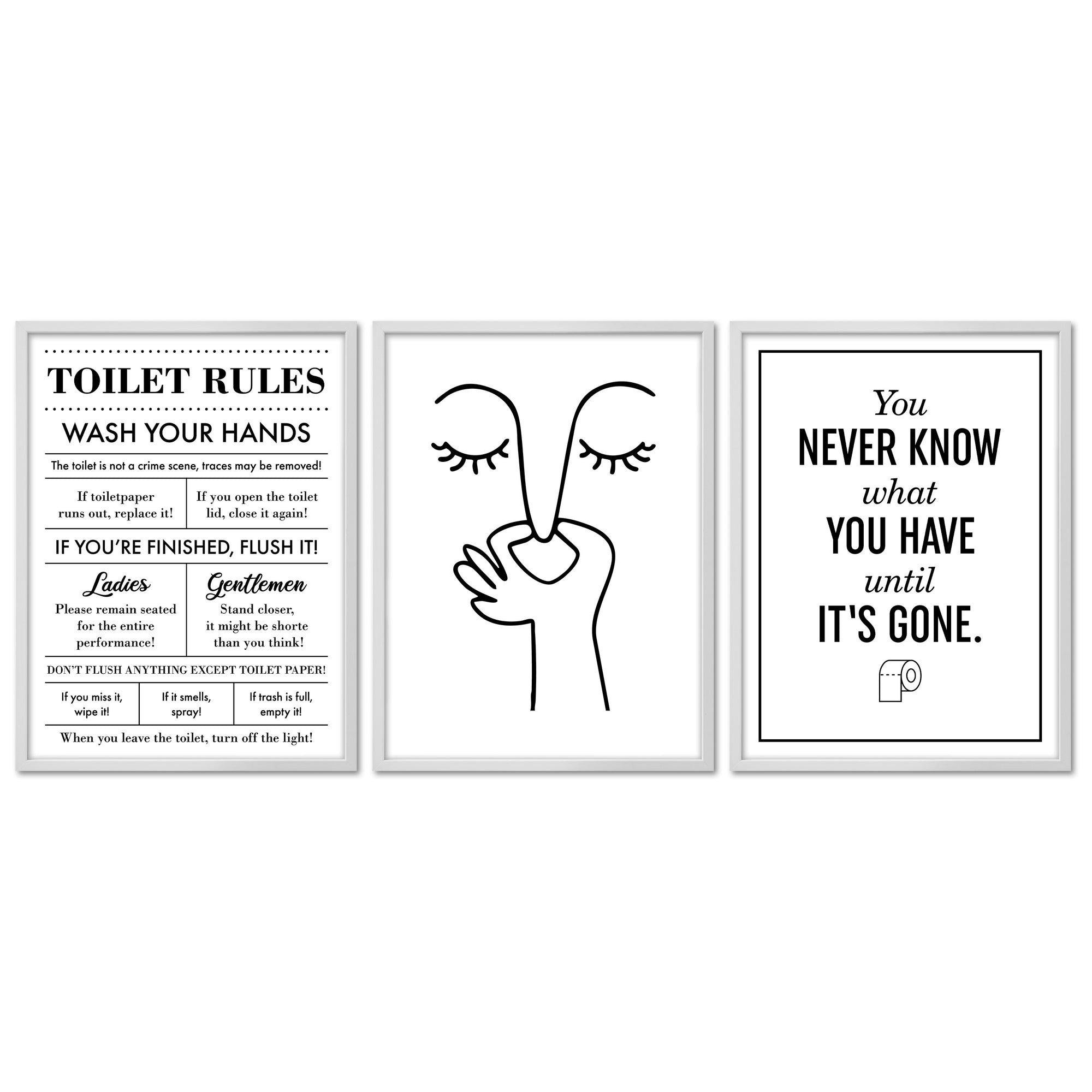 ARTFAVES Bilder-Collage Poster Set - Toilet Fun - 3 Deko Wandbilder witzig, schwarz-weiss, (Wandbilder modern, 3 St)
