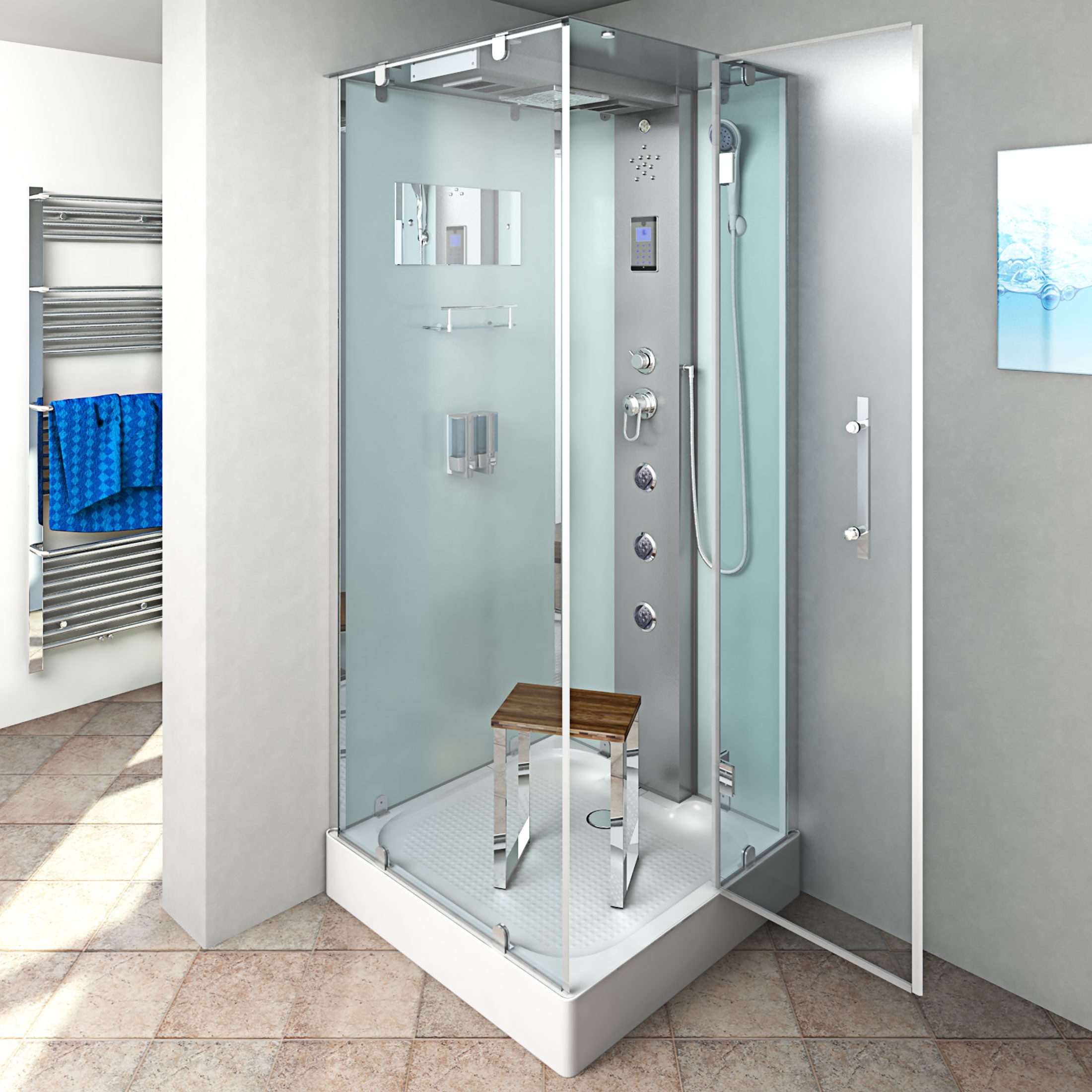AcquaVapore Komplettdusche Duschkabine Dusche D38-20R0 Weiß 100x100, Sicherheitsglas ESG, inklusive Duschwanne, Höhenverstellbar, Gehärtetes Glas, Integrierte Massagedüsen, Multimedi