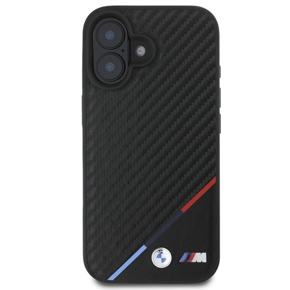 BMW Handyhülle iPhone 16 Plus Carbon-Look MagSafe Tricolor schwarz Logo Metall 6,7 Zoll, Kantenschutz