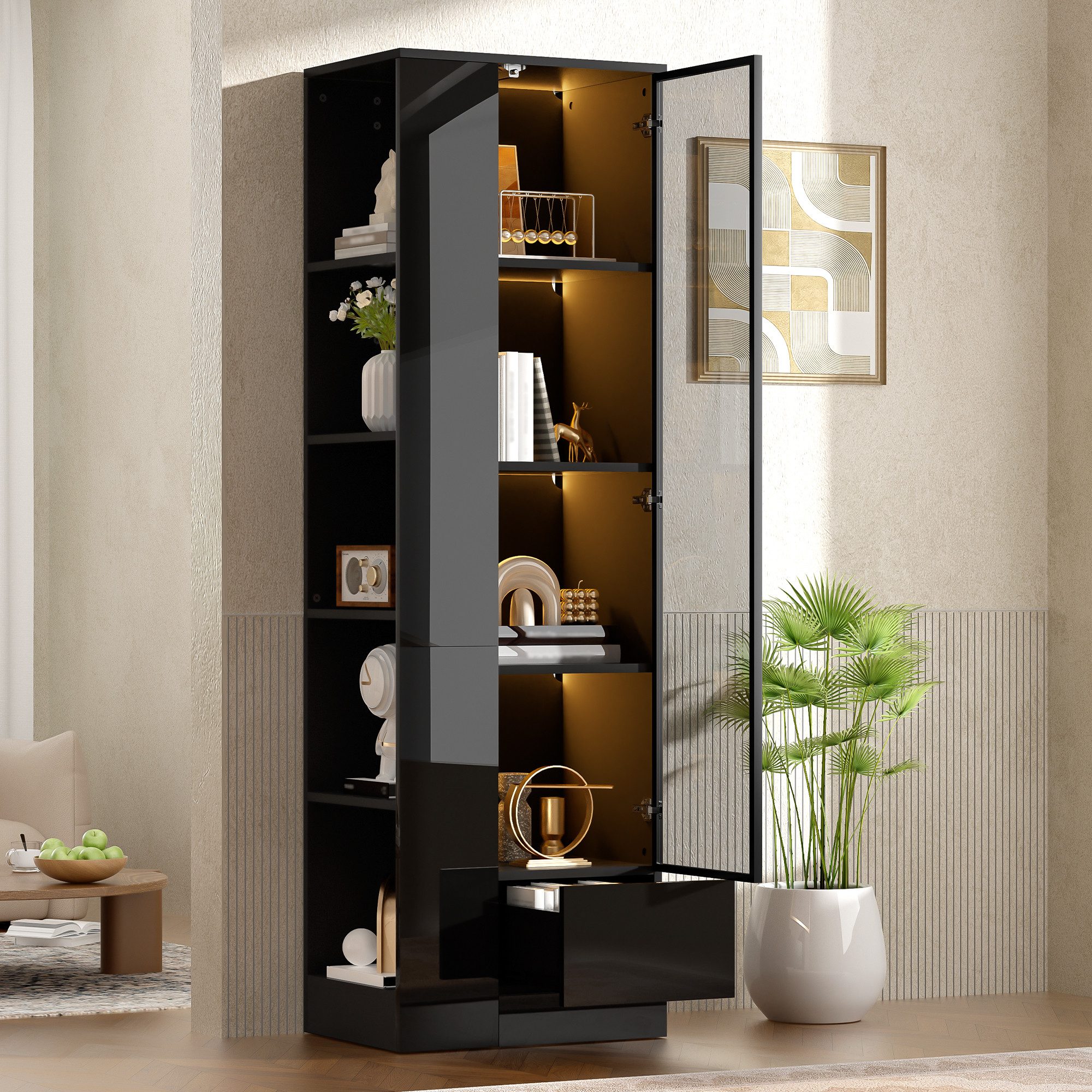 Flieks Glasvitrine Hochschrank mit LED-Beleuchtung, Glastür, Schubladen, 9 Fächern (50x35x160 cm, 1-St., Highboard für Wohnzimmer, Esszimmer, Arbeitszimmer, Schlafzimmer) Standvitrine Multifunktionsschrank Mehrzweckschrank Hochglanz Schwarz