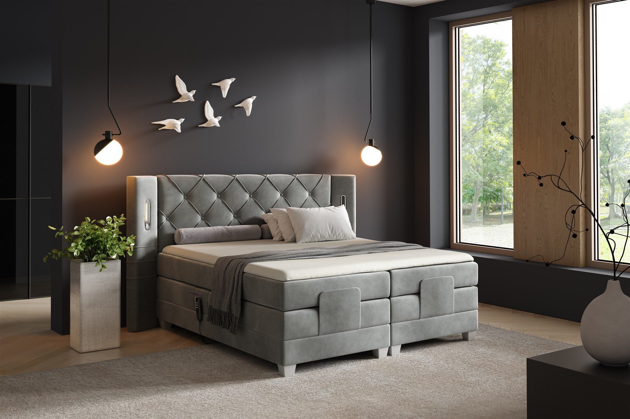 Fun Möbel Boxspringbett Schlafzimmerbett STEVE Elektrisch in Stoff Fresh, Fuß- und Kopfteil elektrisch verstellbar, Ambientebeleuchtung