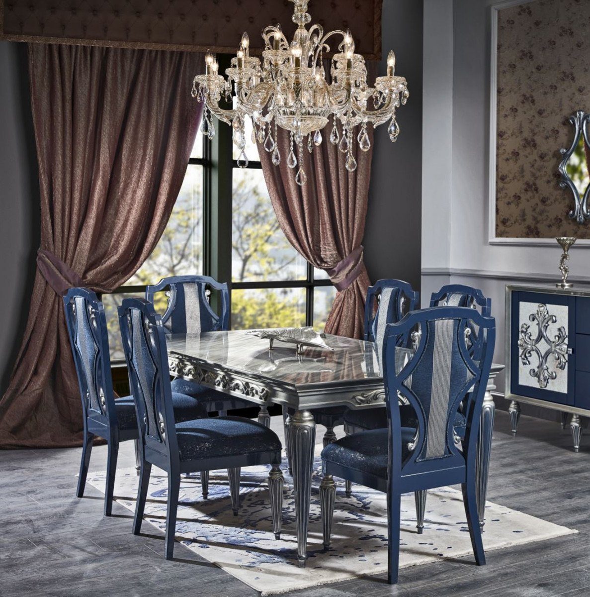 Casa Padrino Esszimmerstuhl Luxus Barock Esszimmer Stuhl Set Blau / Silber 54 x 53 x H. 109 cm - Edles Küchen Stühle 6er Set - Barock Esszimmer Möbel