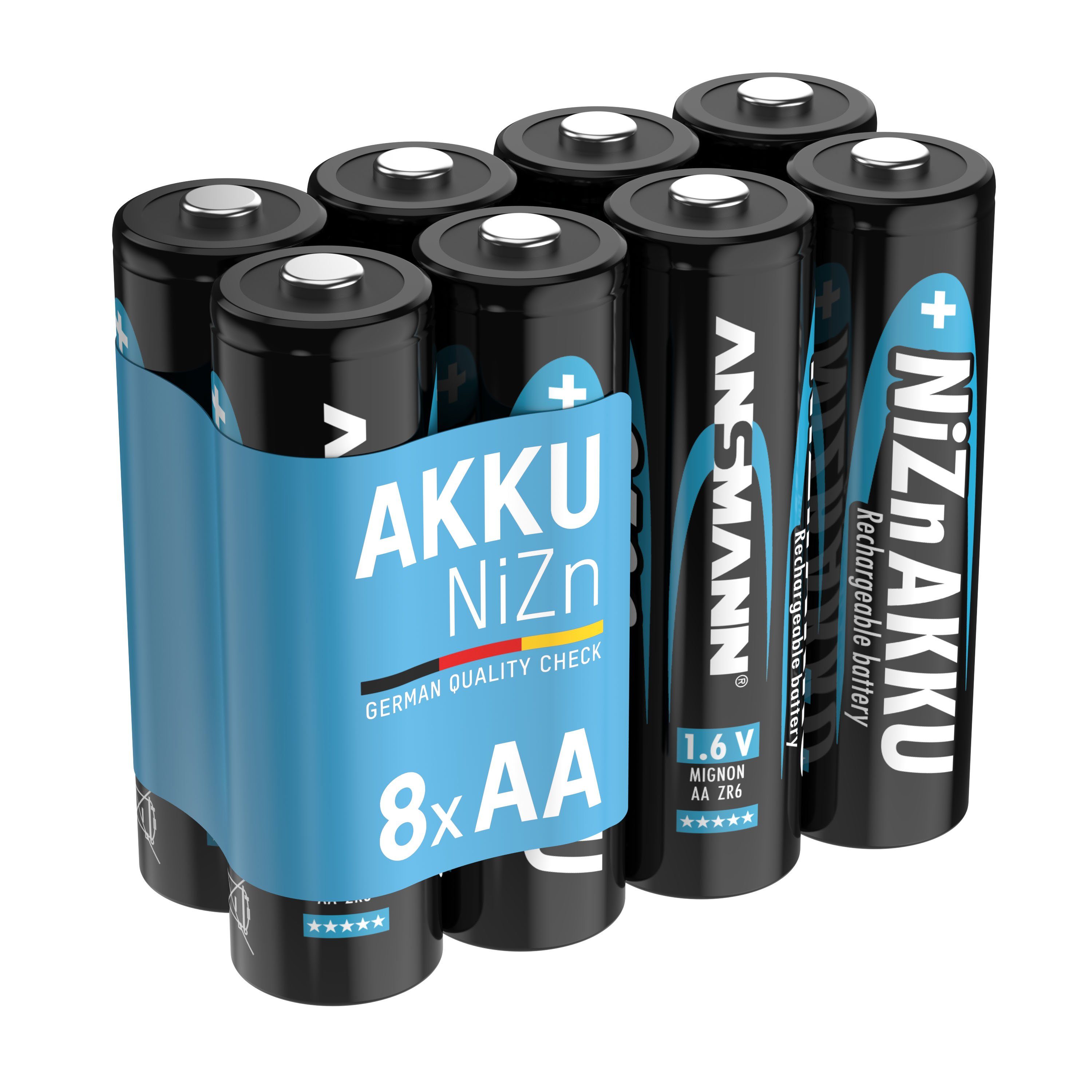 ANSMANN® Mignon NiZn Akku AA 1,6V wiederaufladbare mAh Akku (1.6 V) - 8 1600 Stück 2500mWh, Batterien