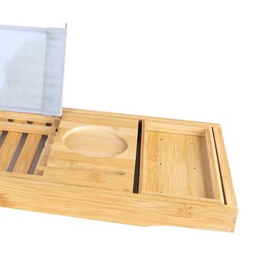 KOLMAN Badewannenablage Bambus Badewannenablage, Universelle große 70-104 cm, Buch-/Tablet-Halter, Weinglashalter