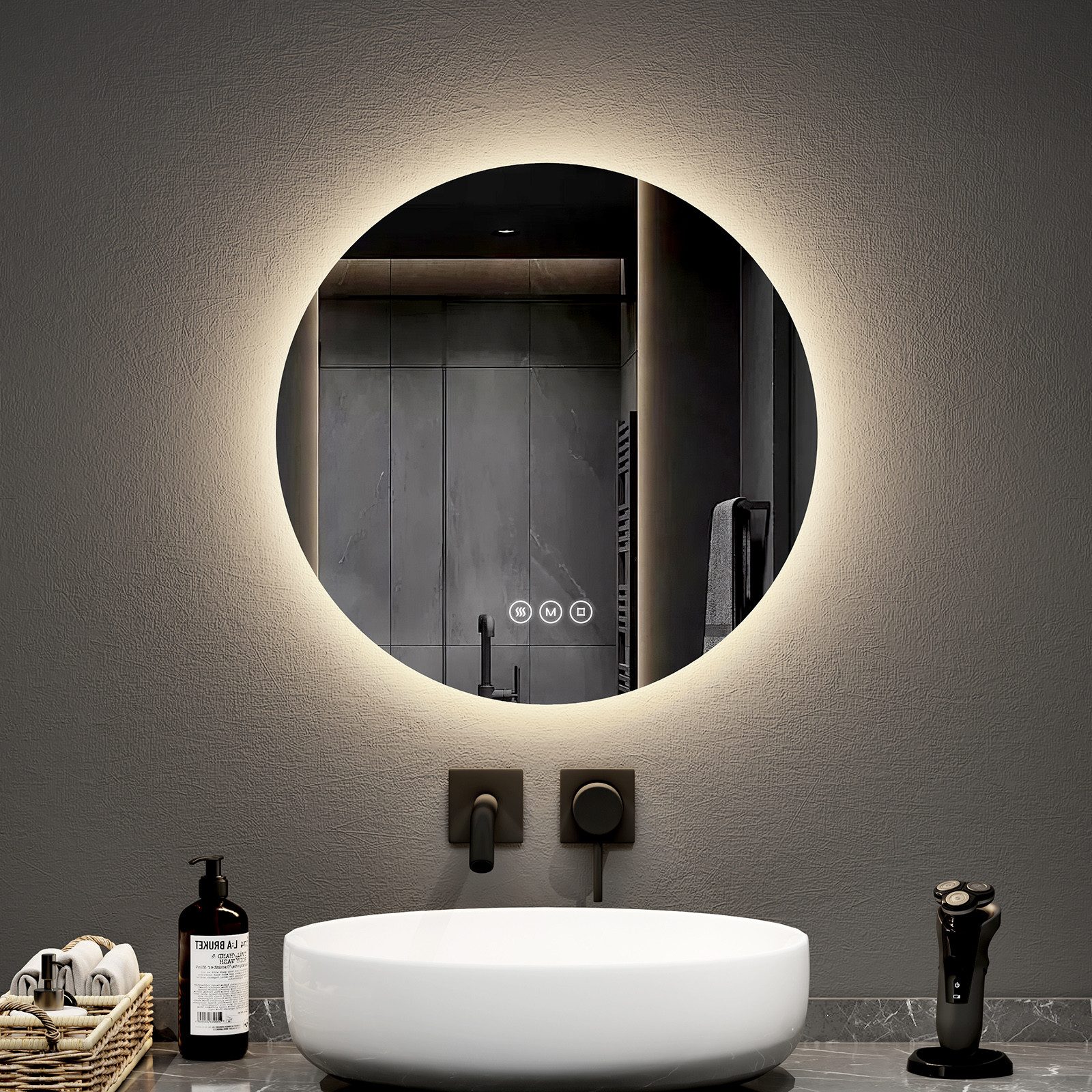 EMKE Badspiegel LED-Badspiegel mit Beleuchtung rund, 3 Lichtfarben, dimmbar (50-80 cm, Touchschalter), Separate Antibeschlag, Touch, Memory, Wandschalterbetrieb, IP44, Ø 50