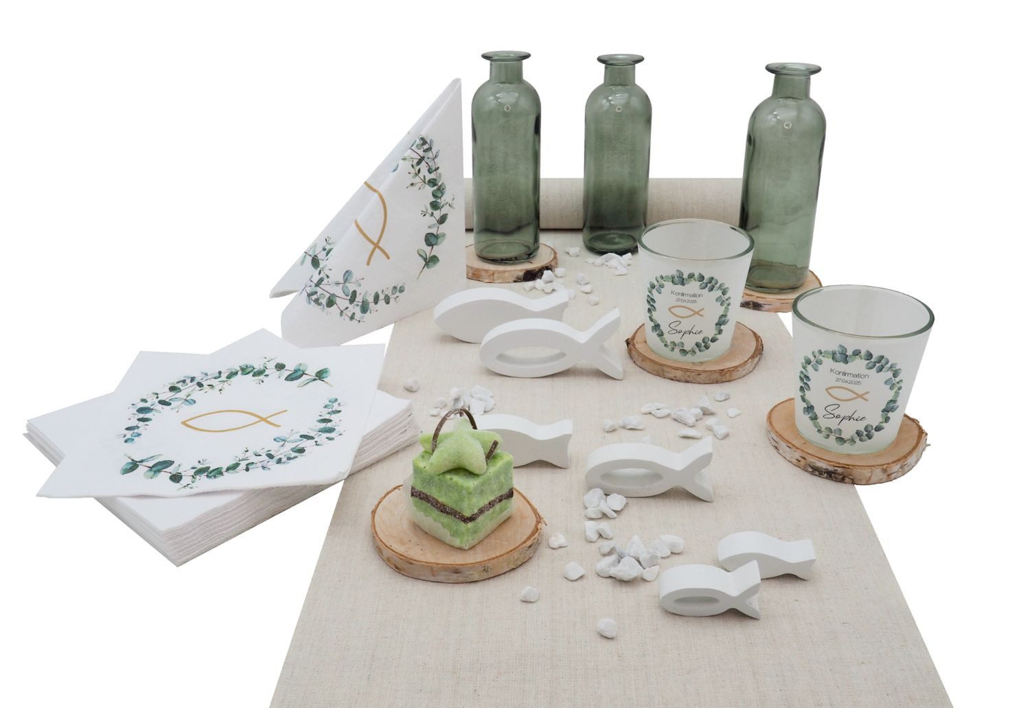 ZauberDeko Tischdecke Tischdeko Personalisiert Kommunion Eukalyptus Salbei Vasen Natur SET