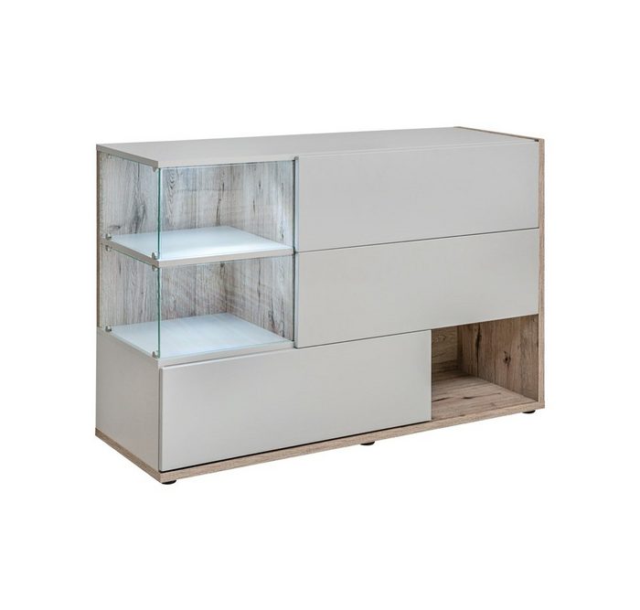 Stylefy Kommode Fabrizia (Sideboard Wohnzimmerschrank) mit viel Stauraum Glaseinsatz inkl. LED-Beleuchtung Hochglanzfront Modern Design mit Push-to-Open